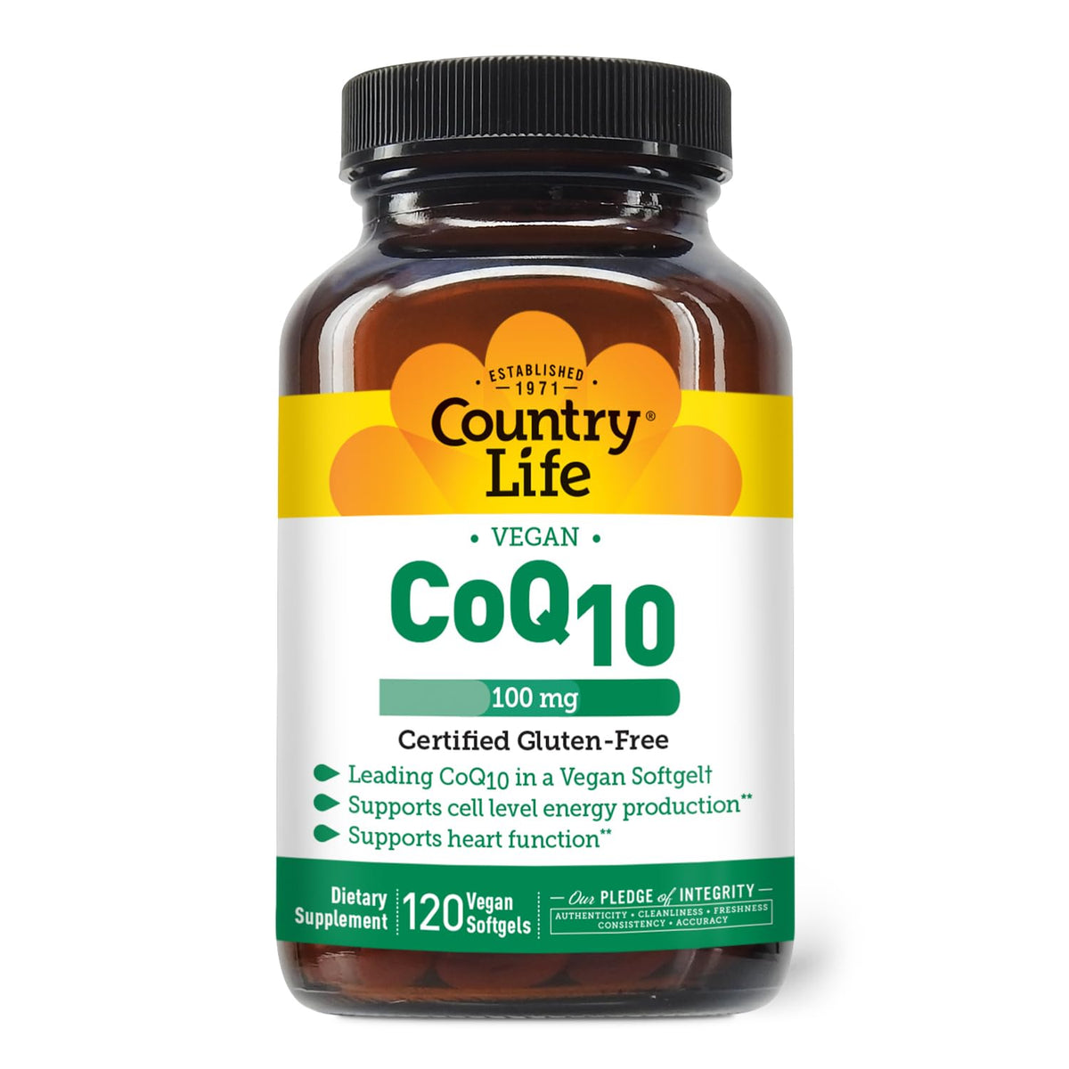 Country Life CoQ10 : bouteille 120 capsules molles, usage quotidien pratique.