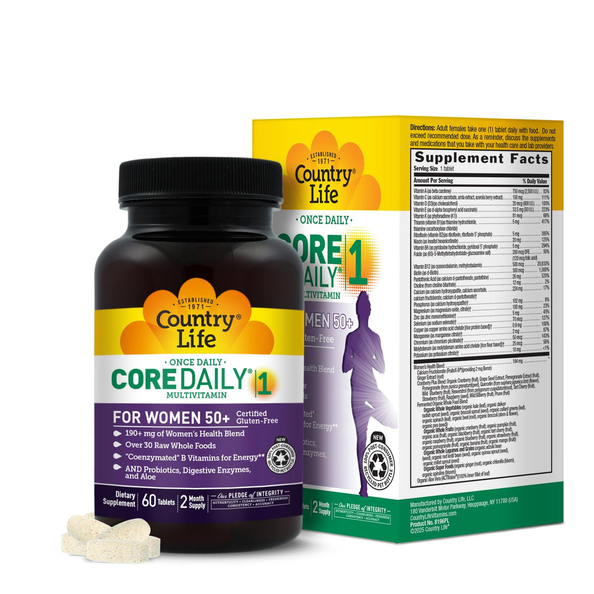 Country Life CORE Daily-1 pour femmes 50+, bouteille pratique pour la routine journalière.