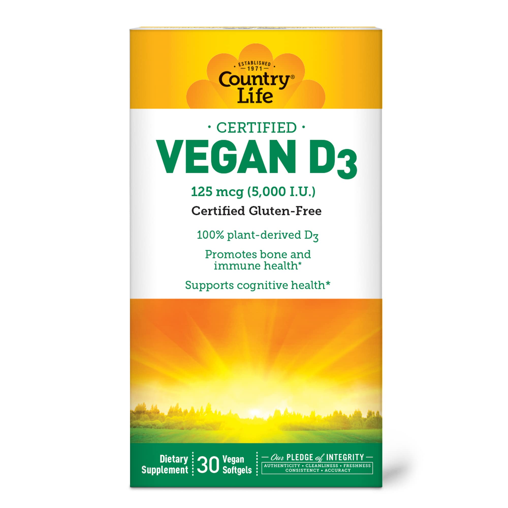 Country Life D3 5000 UI, emballage recyclable, choix écologique pour votre routine.