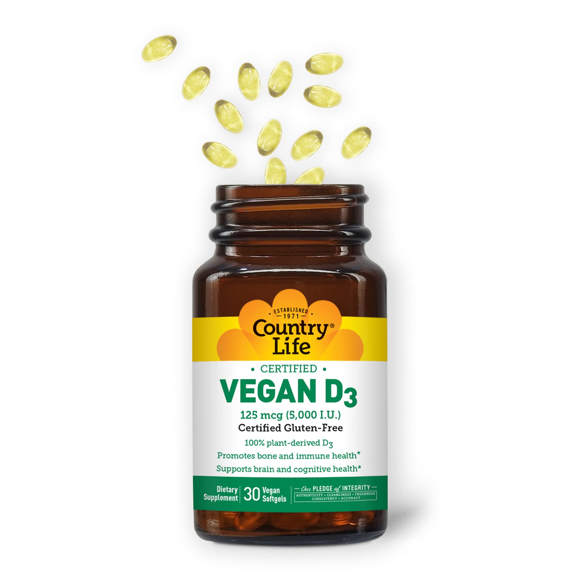 Country Life D3 5000 UI, sans-gluten, capsule, soutien immunitaire potentiel.