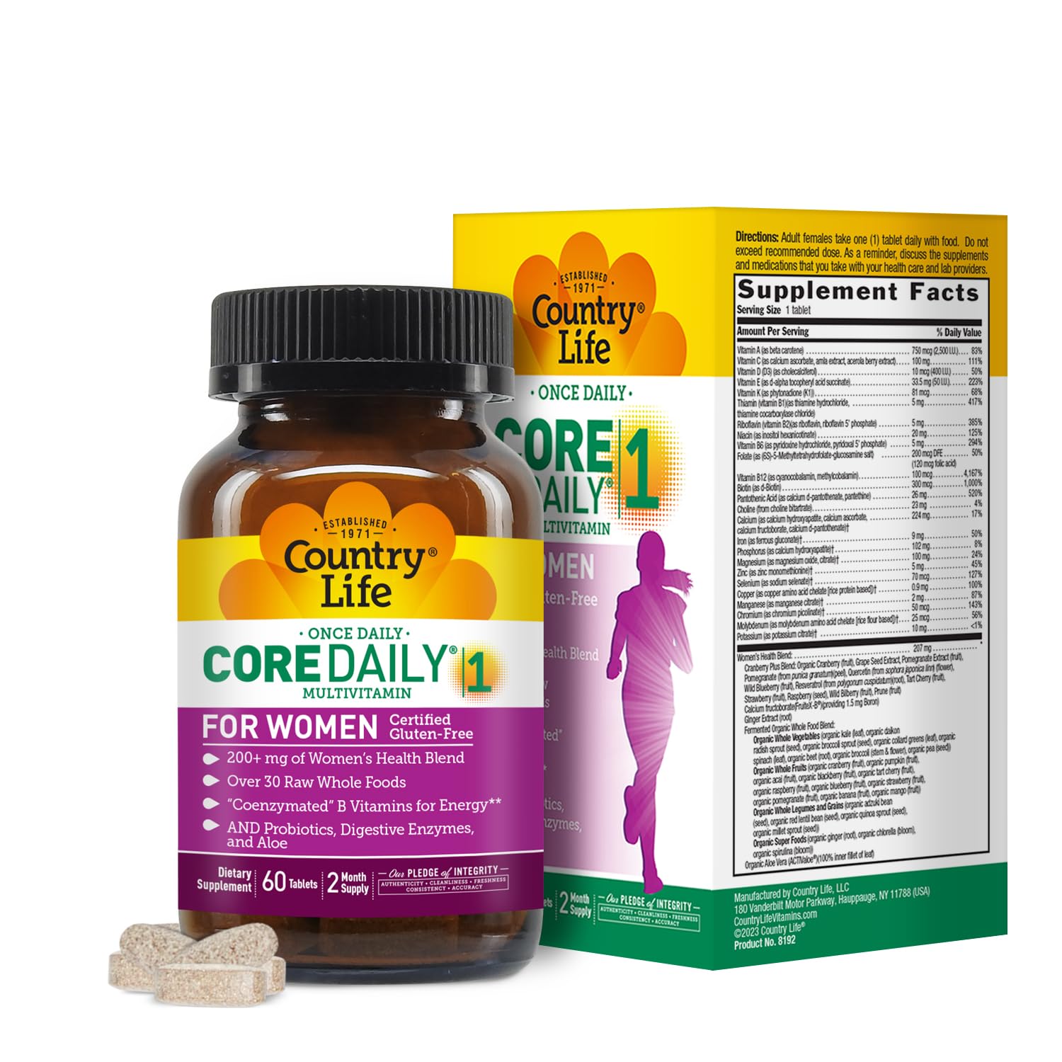 Country Life Women’s Core 1: bouteille de gélules pour énergie quotidienne et bien-être.