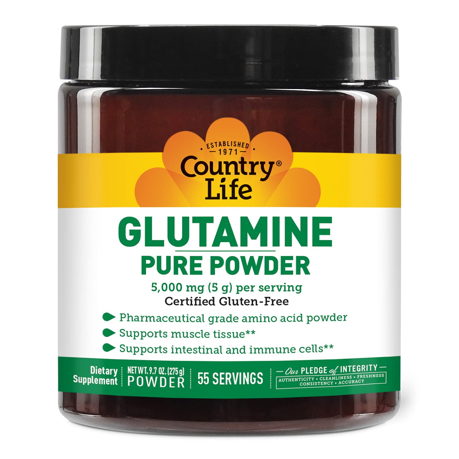 Country Life Glutamine Pure Powder – dose de 5000 mg soutenant récupération musculaire potentielle