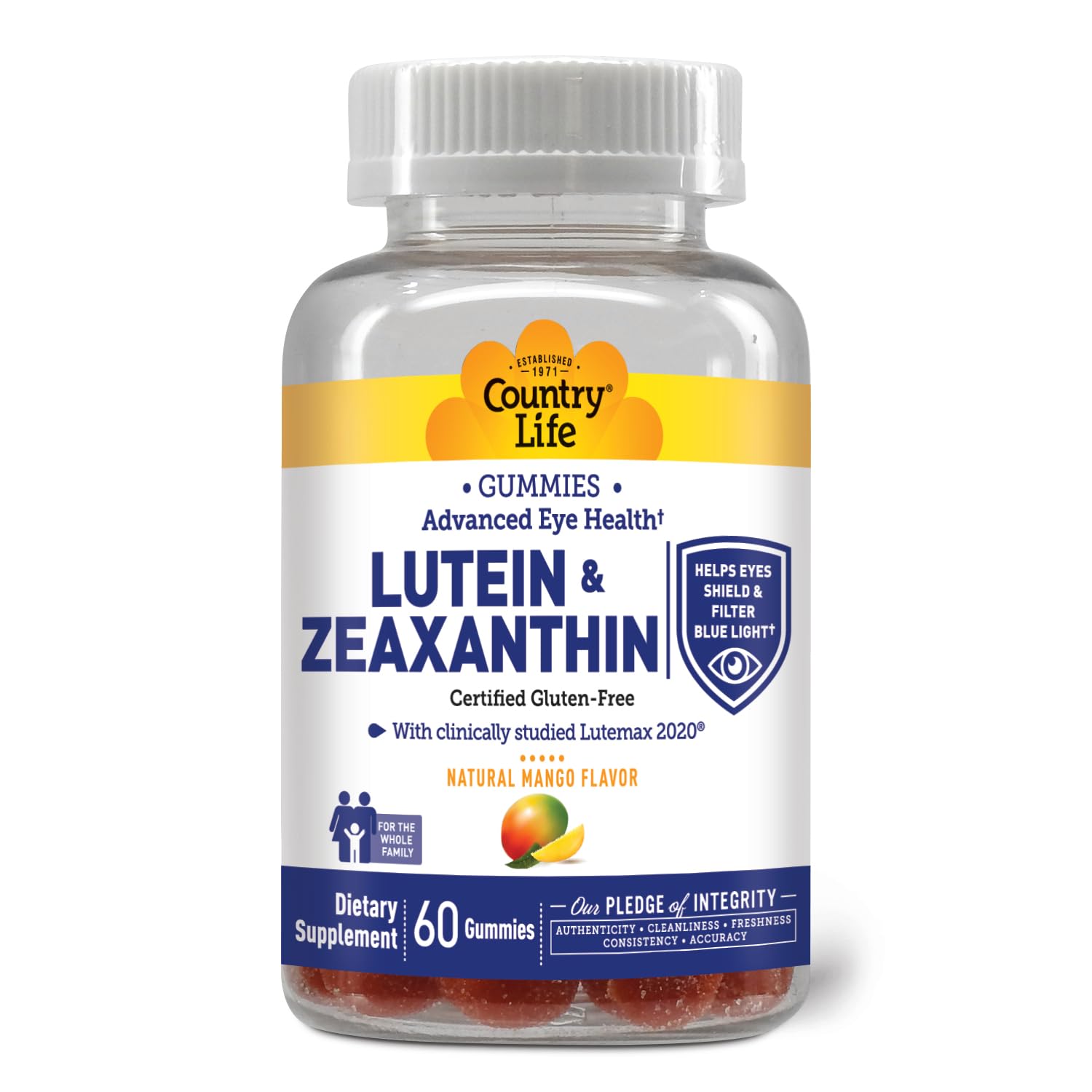 Country Life Gommes Lutéine bouteille prête à l’emploi pour un soutien visuel quotidien.