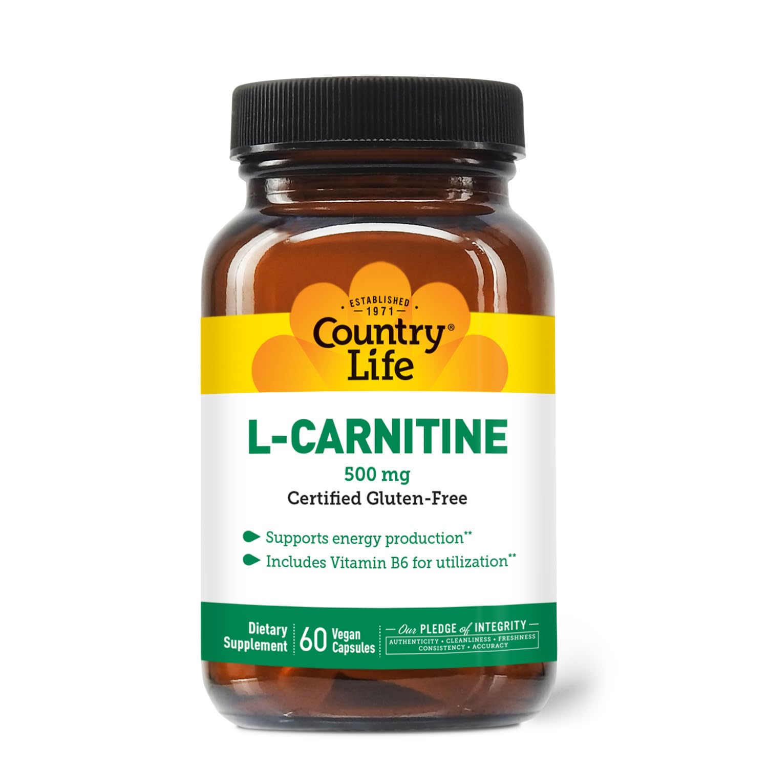 Country Life L-Carnitine 500 mg – capsules véganes dans une bouteille, soutien potentiel à l'énergie