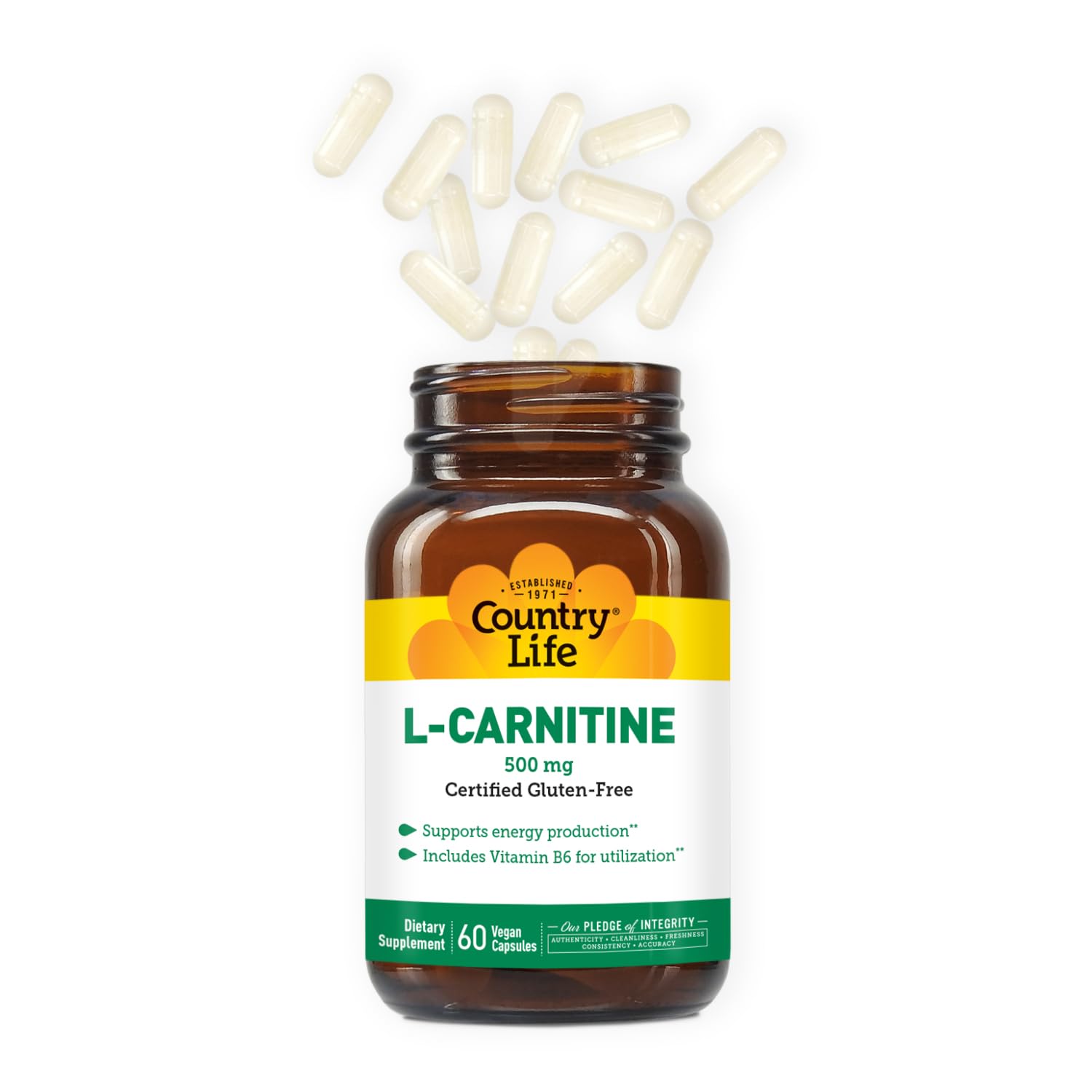 Country Life L-Carnitine 500 mg – emballage vert et visuels de la gamme