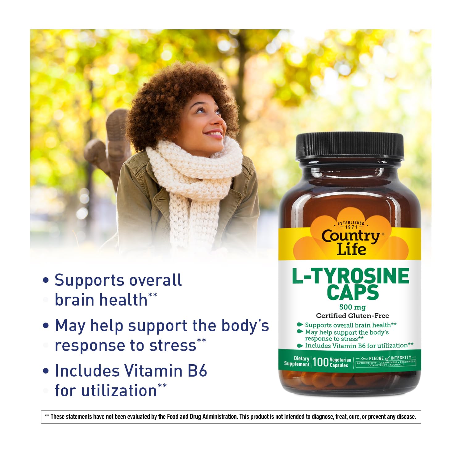 Country Life L-Tyrosine 500mg, Capsules: peut soutenir neurotransmetteurs et clarté mentale.