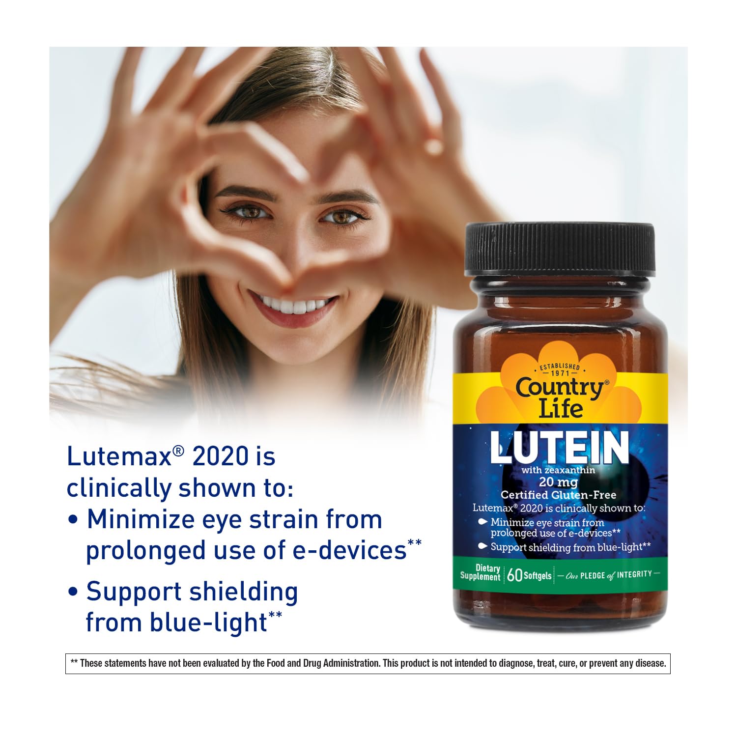 Country Life Lutein 20 mg – sans gluten – pureté garantie