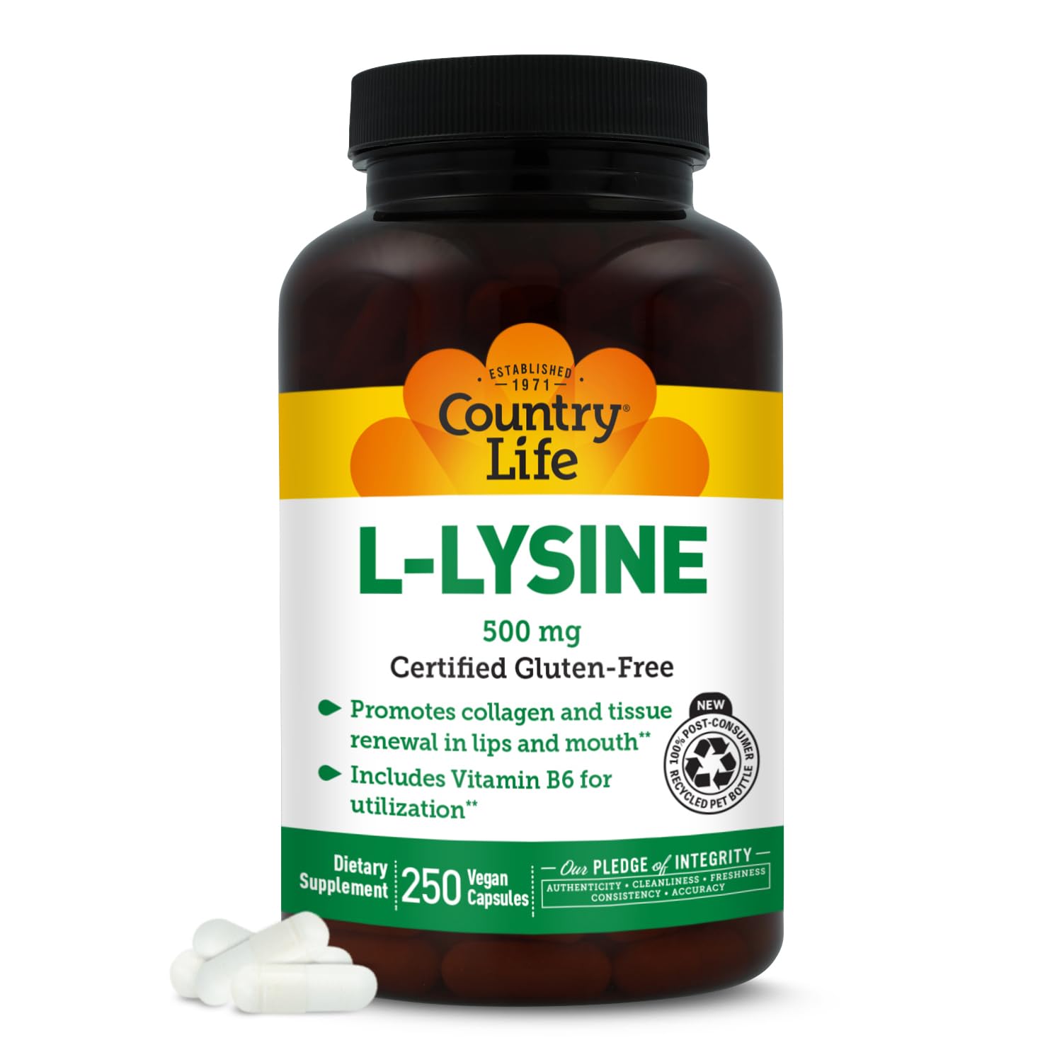 Flacon Country Life L-Lysine 500 mg et ses capsules faciles à prendre