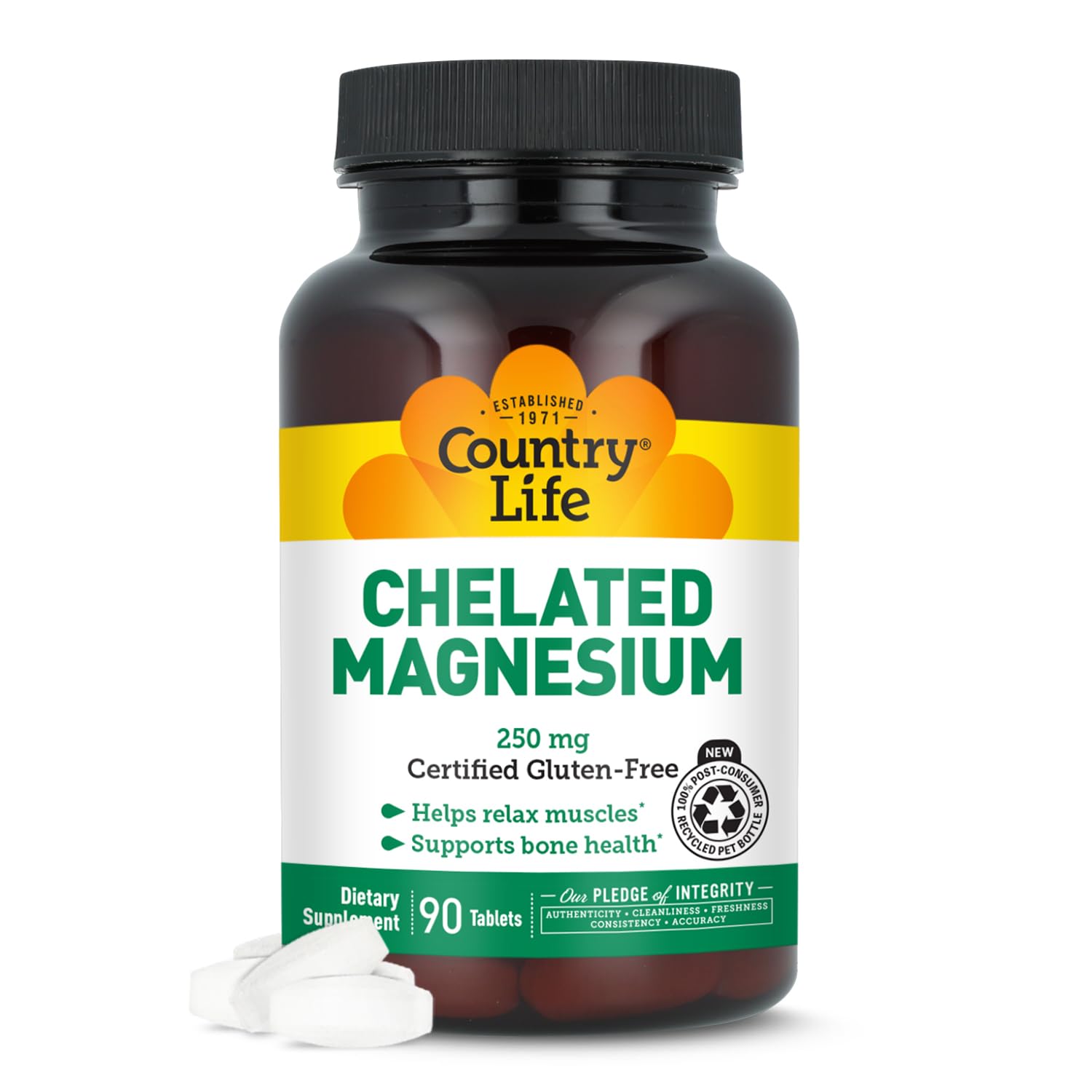 Country Life magnésium chelaté 250 mg dans bouteille, soutient muscles et énergie au quotidien.