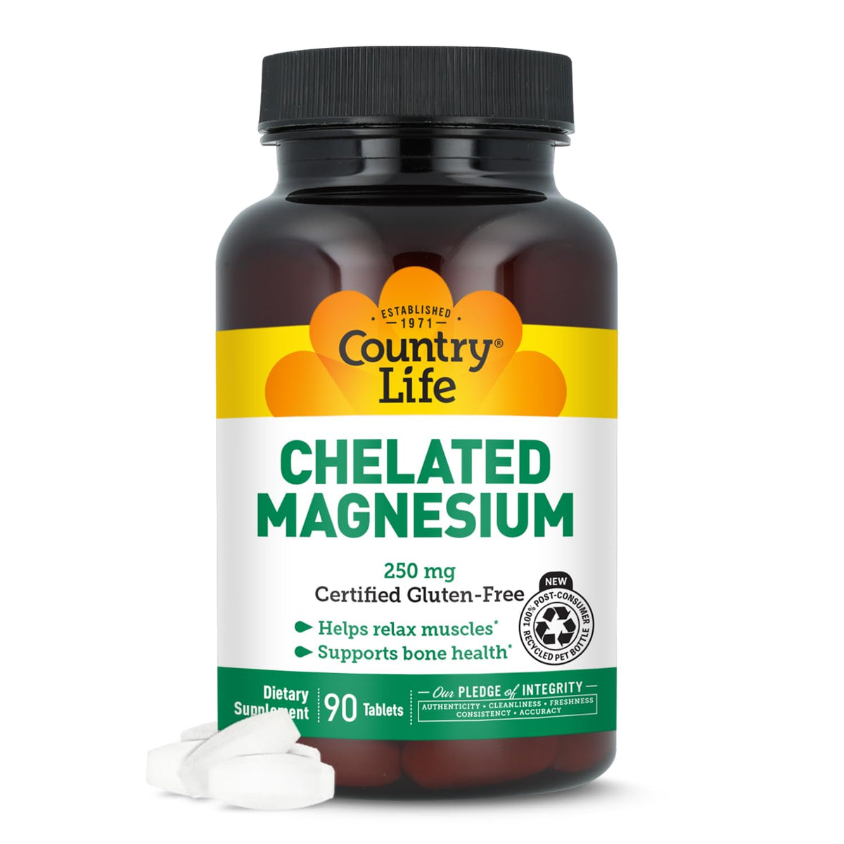 Country Life magnésium chelaté 250 mg dans bouteille, soutient muscles et énergie au quotidien.