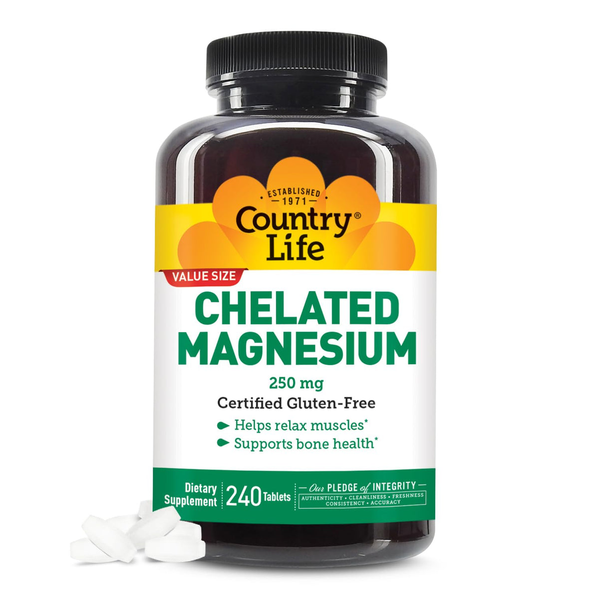 Country Life Magnésium chelaté 250 mg – bouteille prête à soutenir les os au quotidien.