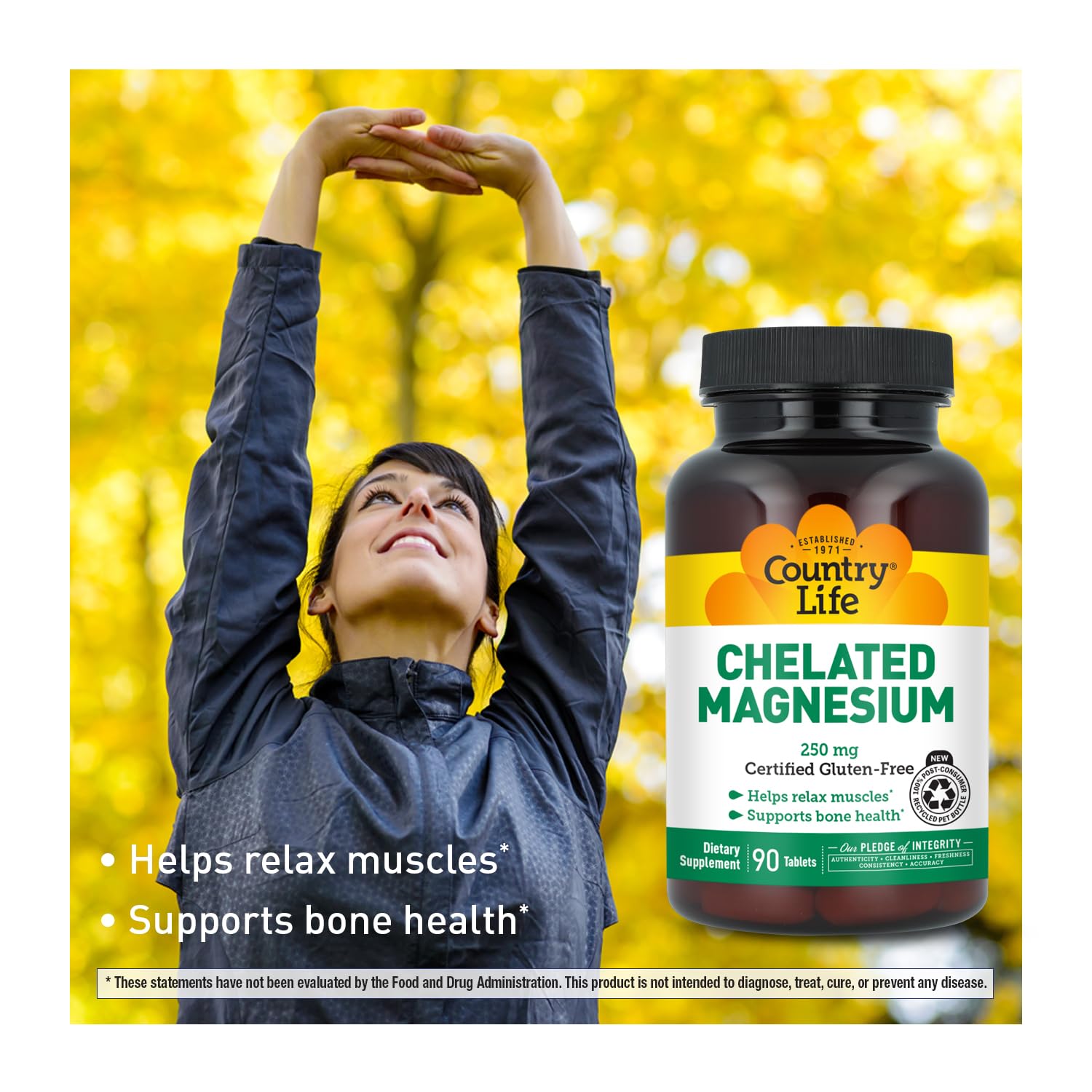 Étiquette Country Life magnésium chelaté 250 mg, informations claires sur la pureté.