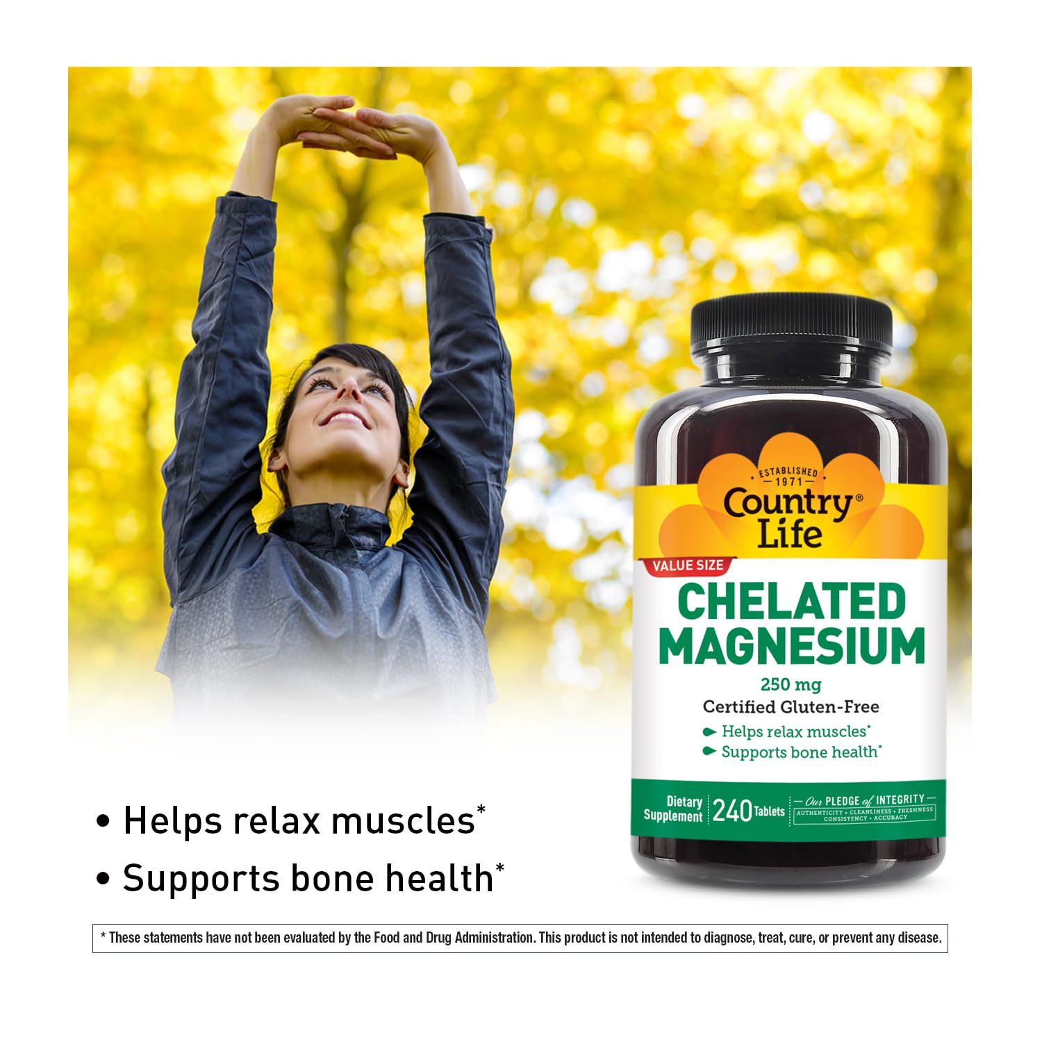 Country Life Magnésium chelaté 250 mg – etiquette claire facilitant le dosage régulier.