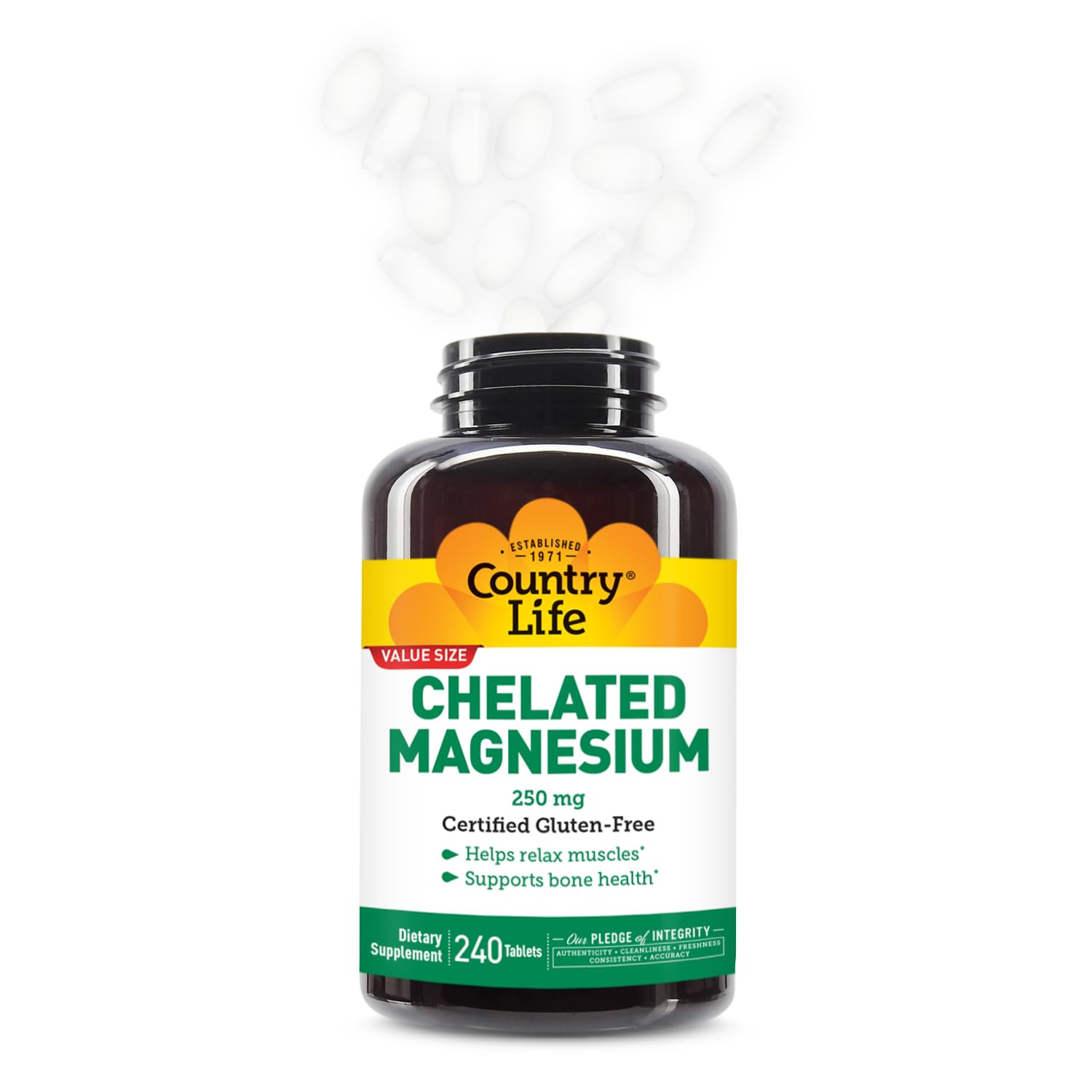 Country Life Magnésium chelaté 250 mg – symbole vegan et sans gluten répondant aux régimes spécifiques.