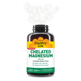 Country Life Magnésium chelaté 250 mg – symbole vegan et sans gluten répondant aux régimes spécifiques.