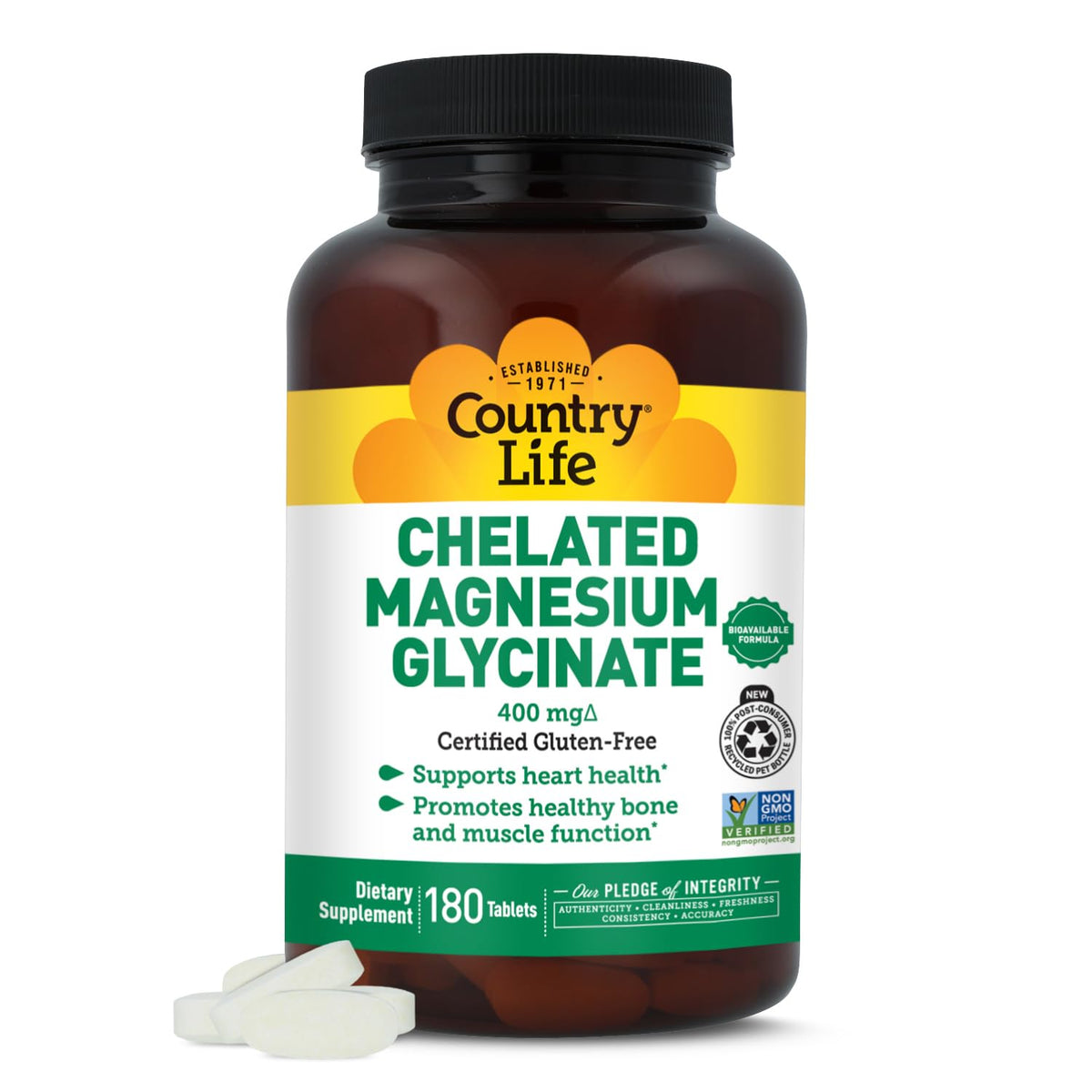 Country Life Magnésium Glycinate 400 mg – bouteille illustrant le format pratique pour le quotidien.