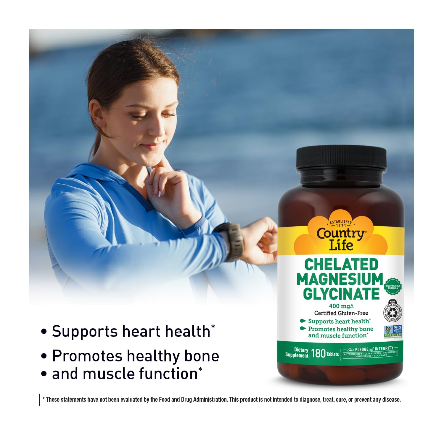 Country Life Magnésium Glycinate 400 mg – image axée sur relaxation musculaire après l’effort.