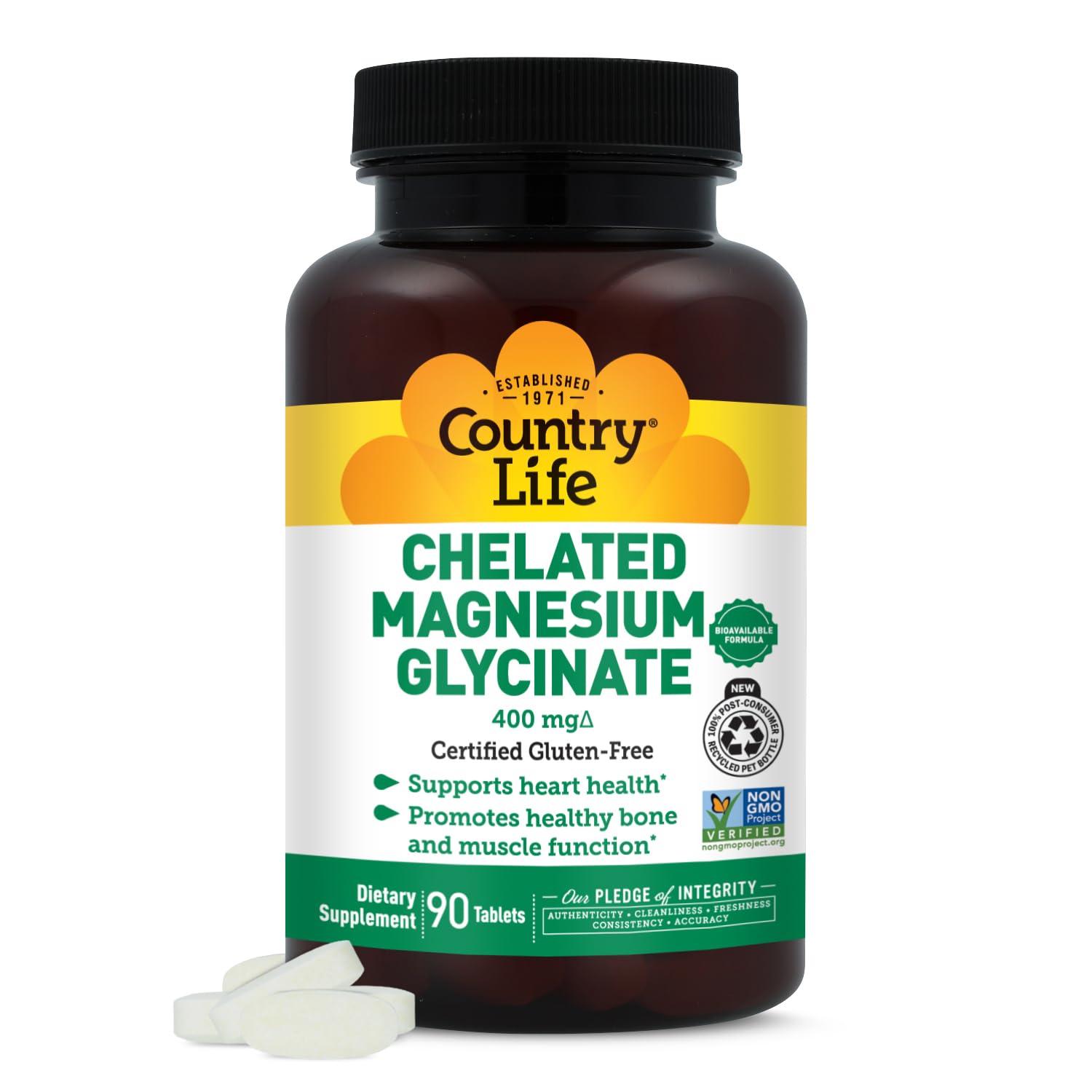 Country Life Magnésium glycinate 400mg, boîte de 90 comprimés, soutien potentiel à la relaxation