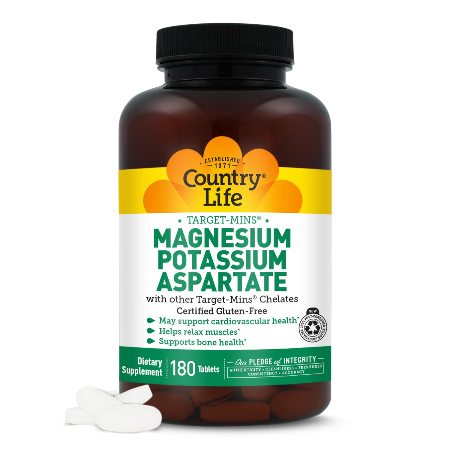 Country Life magnésium et potassium, bouteille et versement, usage quotidien pour le cœur.