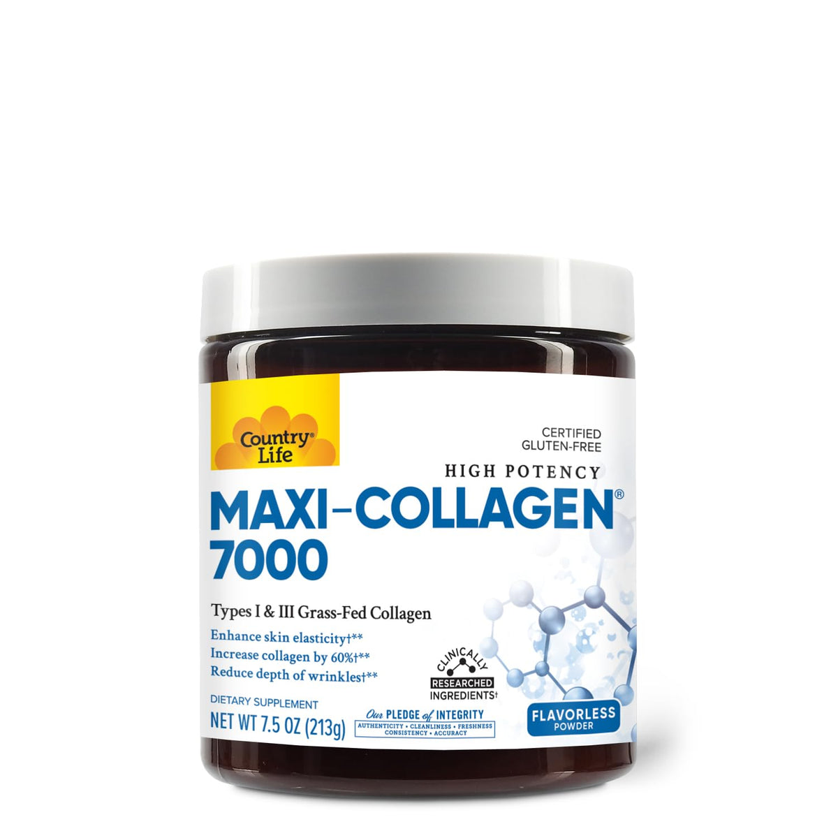 Country Life Maxi-Collagen 7000: bouteille prête à soutenir peau et cheveux.