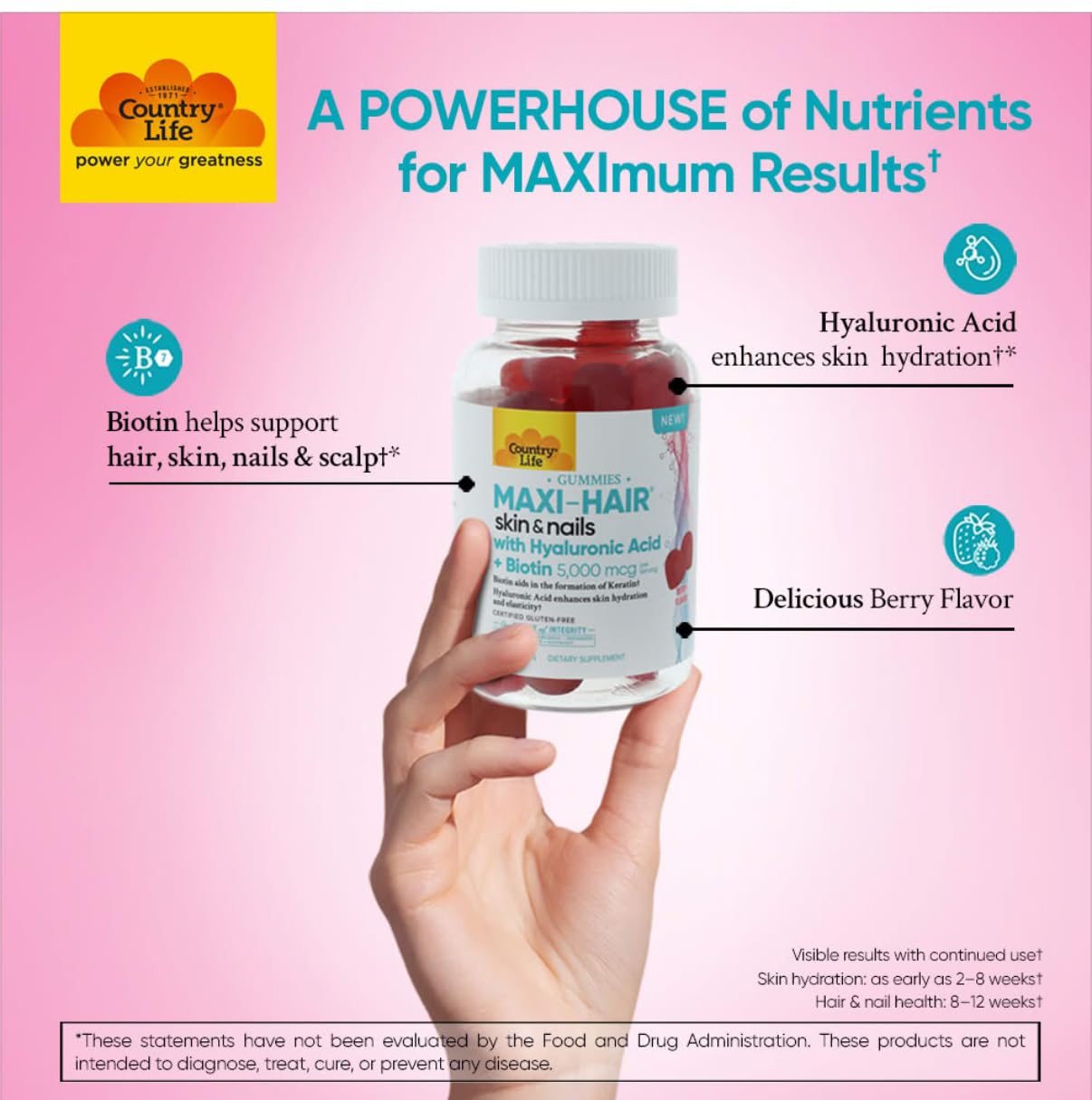 Country Life Maxi-Hair Gummies Biotine 5000 mcg pour cheveux plus forts.