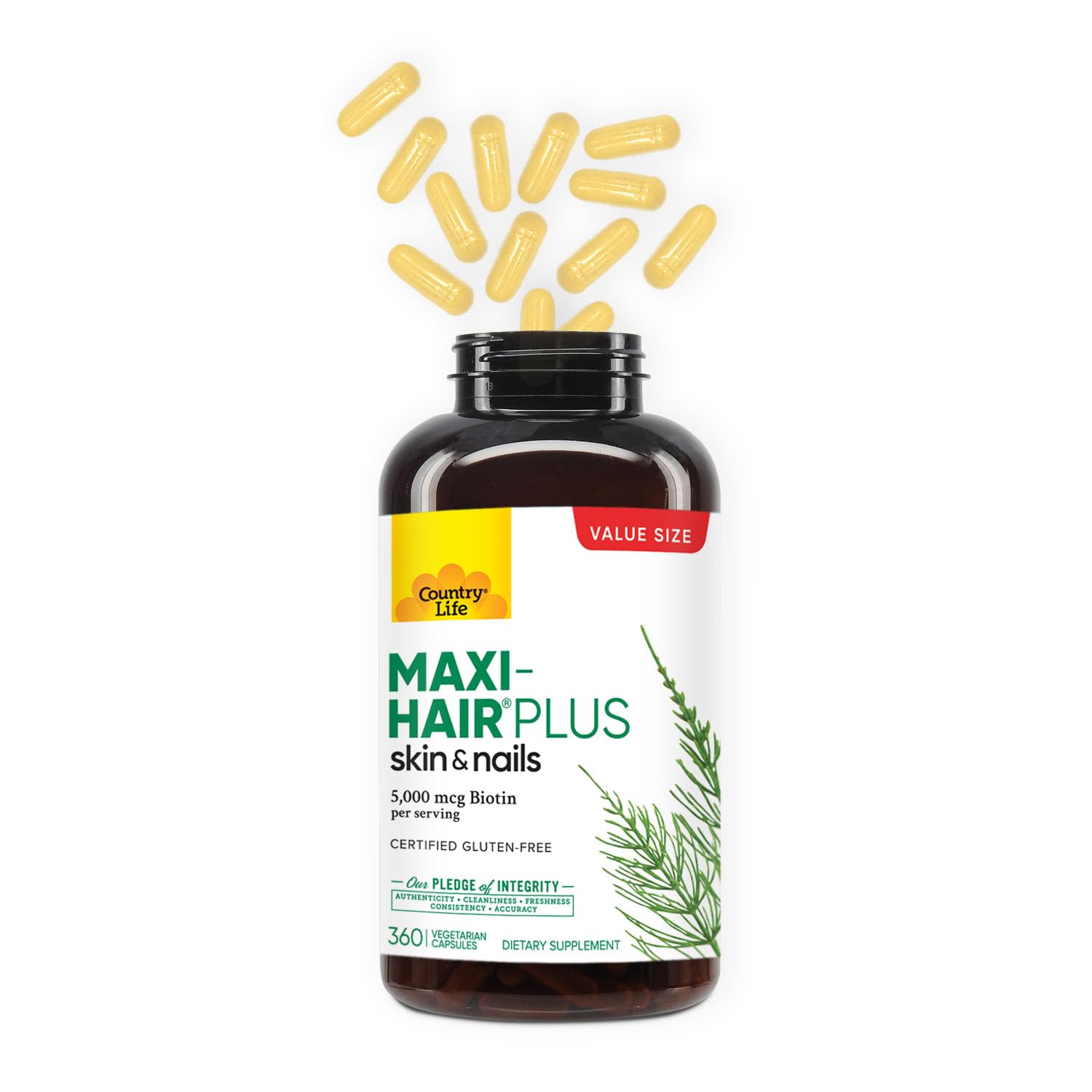 Biotine 5000 mcg dans Country Life Maxi-Hair Plus pour soutenir les cheveux.
