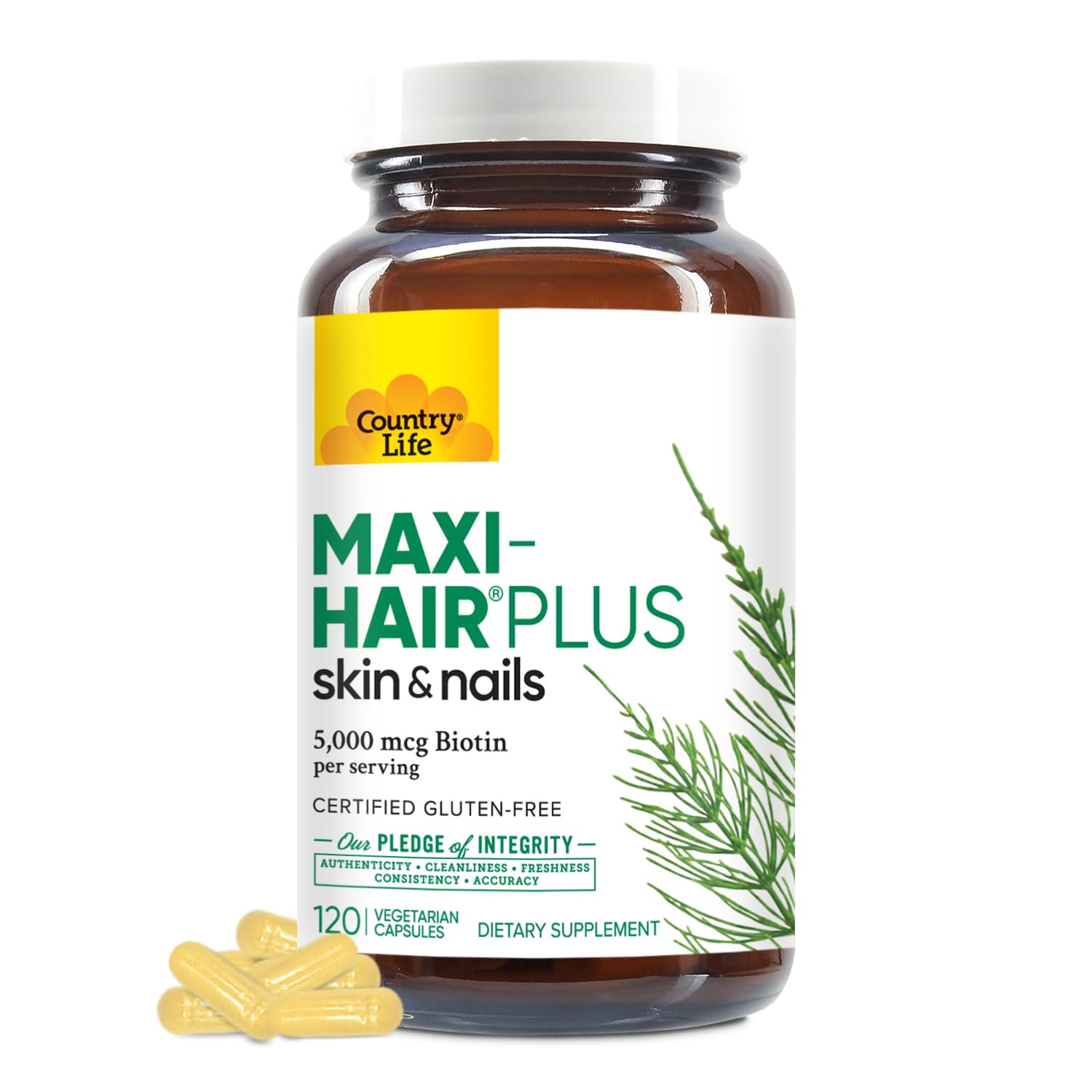 Country Life Maxi-Hair Plus Biotine – Bouteille et gélules pour cheveux et ongles plus forts.