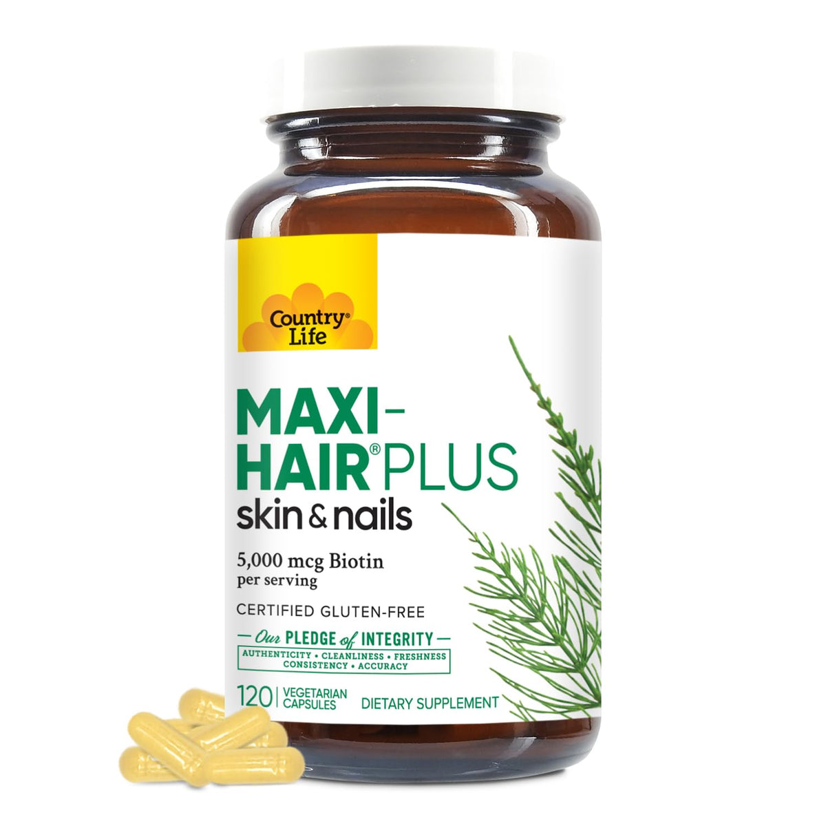 Country Life Maxi-Hair Plus Biotine – Bouteille et gélules pour cheveux et ongles plus forts.