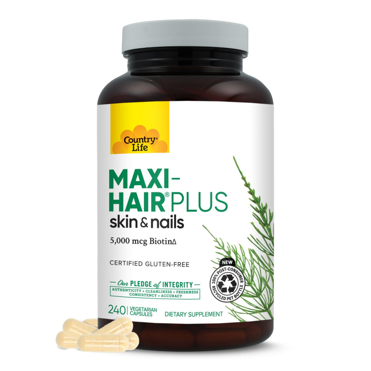 Country Life Maxi-Hair Plus Biotine, comprimés, soutien potentiel pour cheveux forts et éclat.