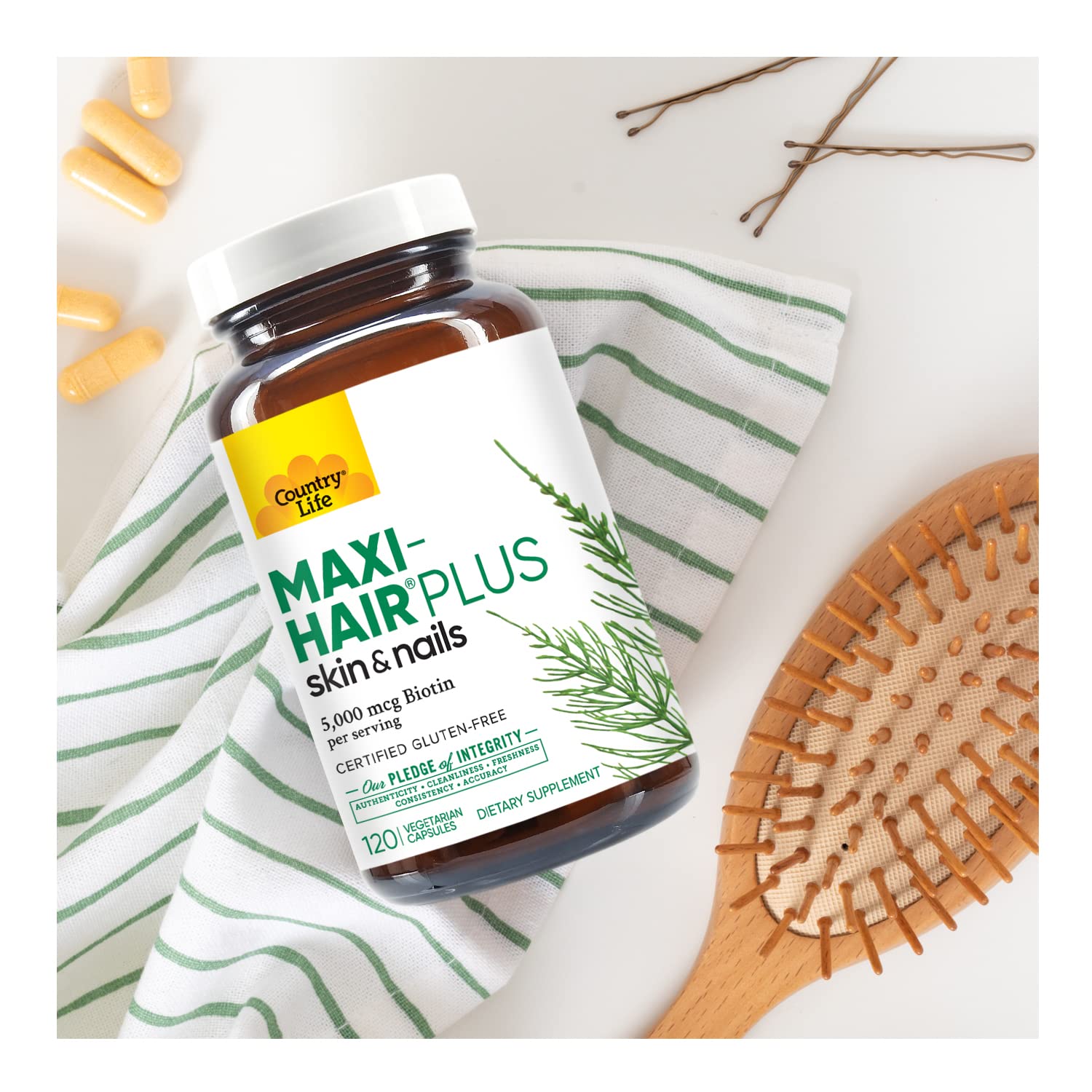 Country Life Maxi-Hair Plus Biotine – Formule sans gluten adaptée à différents régimes.