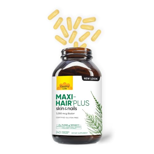 Country Life Maxi-Hair Plus Biotine, tablettes, soin intérieur pour peau rayonnante et ongles résistants.