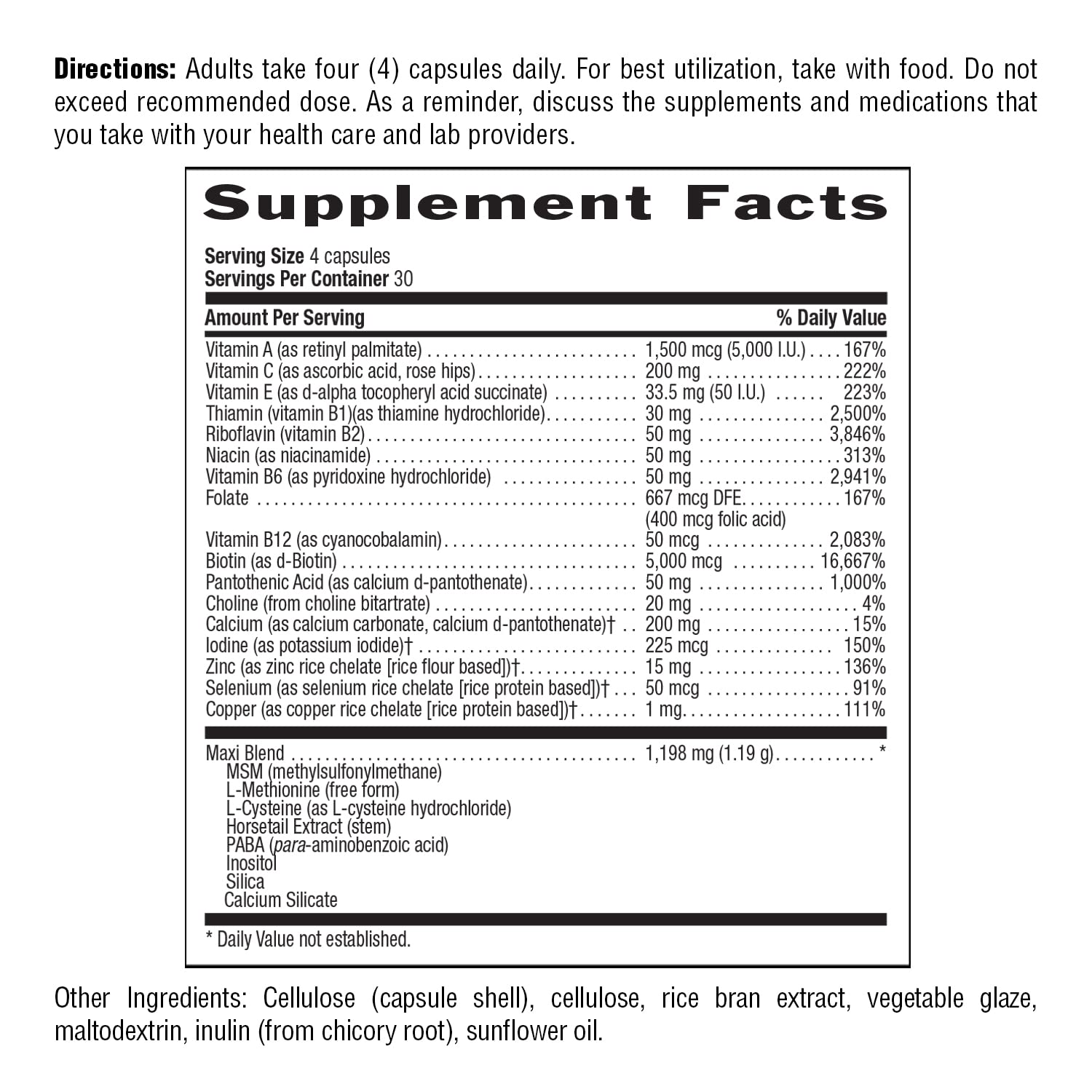 Country Life Maxi-Hair Plus Biotine – Utilisation quotidienne recommandée avec 4 capsules par jour.