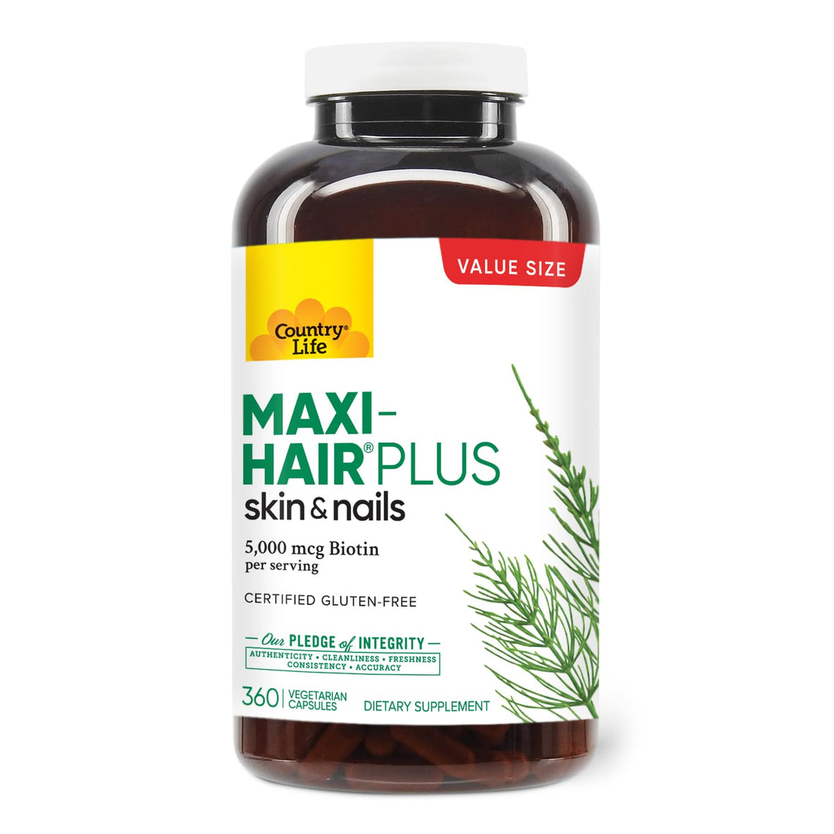 Country Life Maxi-Hair Plus montre la bouteille de 360 gélules pour une routine pratique.