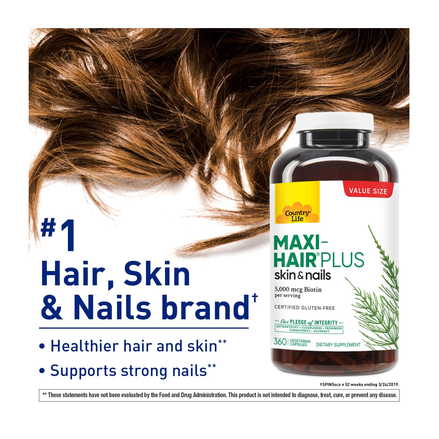 Country Life Maxi-Hair Plus etiquette sans gluten, choix sûr et clair.