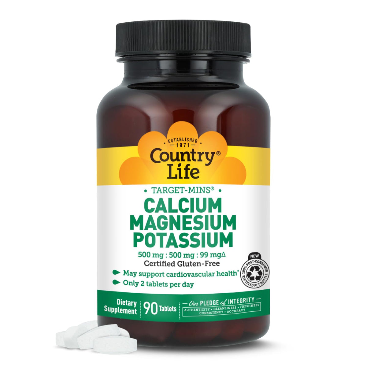 Country Life Minéraux Ciblés bouteille avec comprimés et apport en calcium magnésium potassium.