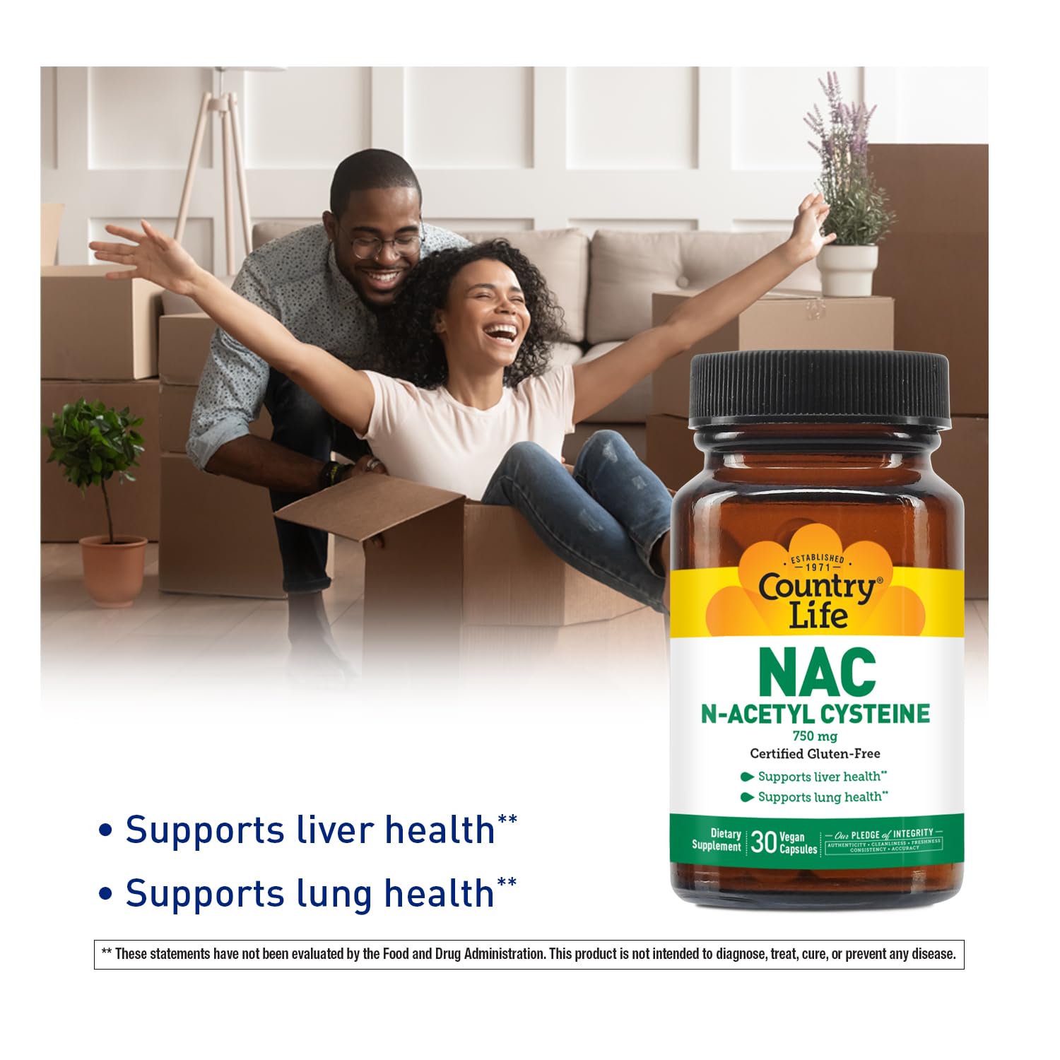 Country Life NAC 750 mg — capsules véganes soutenant la détox du foie.