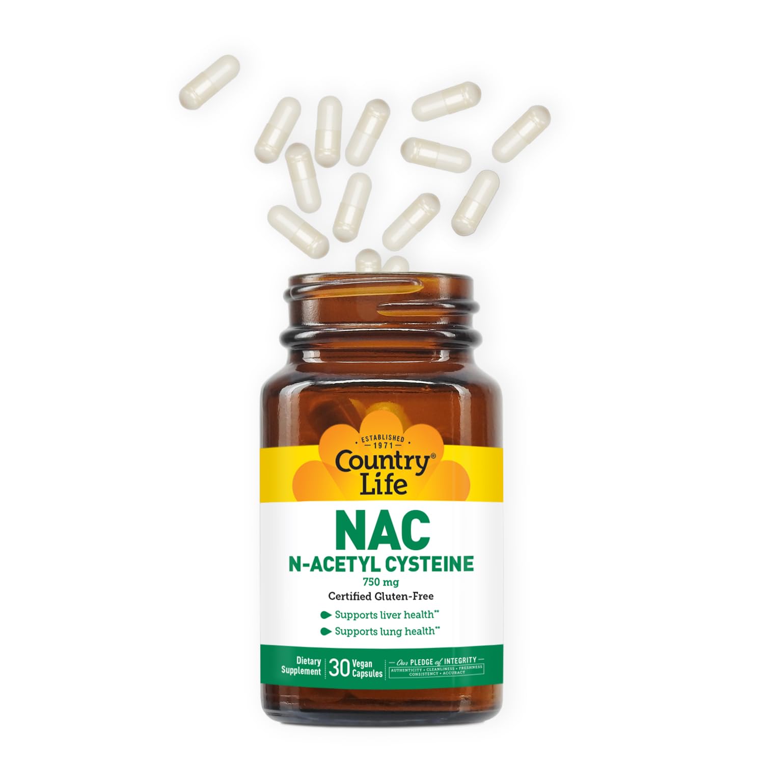 Country Life NAC 750 mg — étiquette claire affichant le soutien antioxydant.