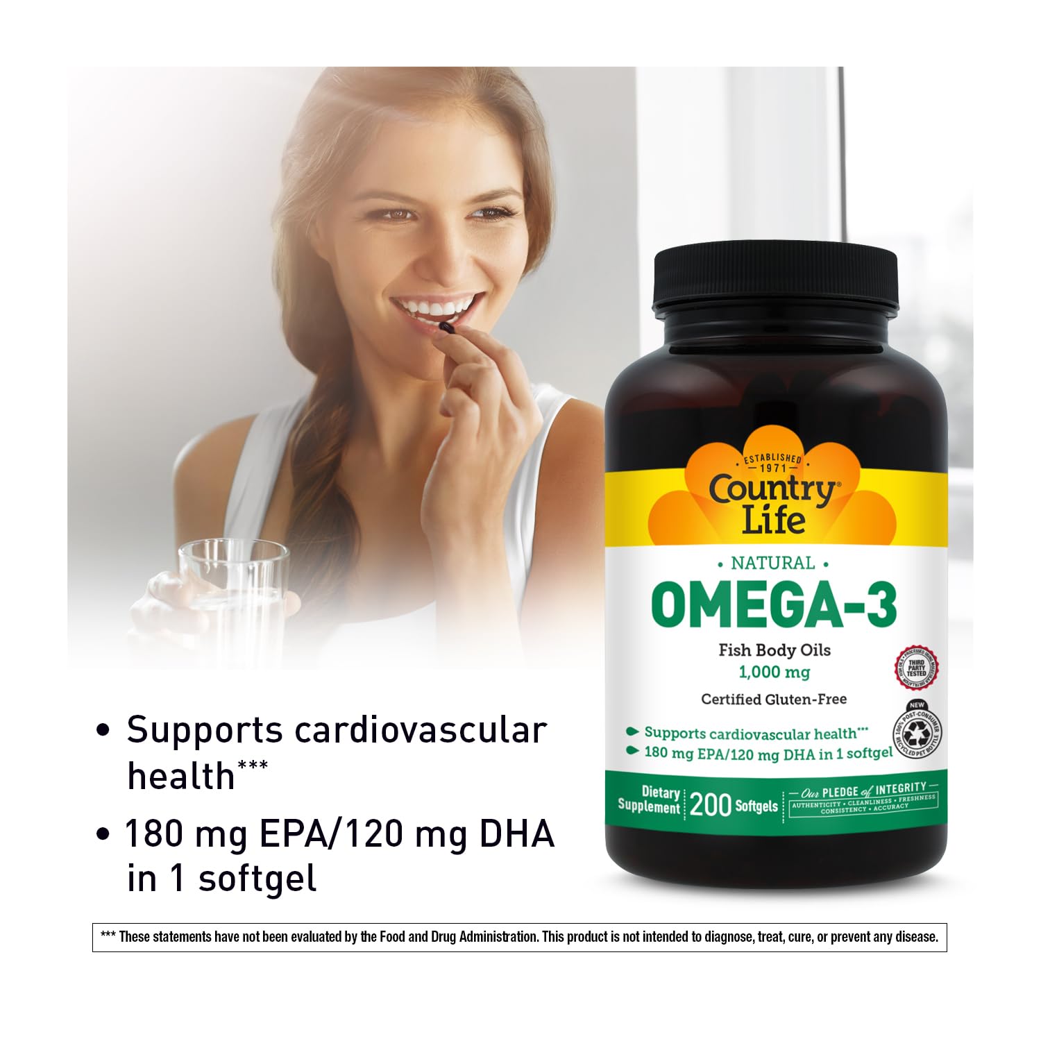 Country Life Omega-3, étiquette sans gluten, certifiée et fiable.