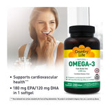 Country Life Omega-3, étiquette sans gluten, certifiée et fiable.