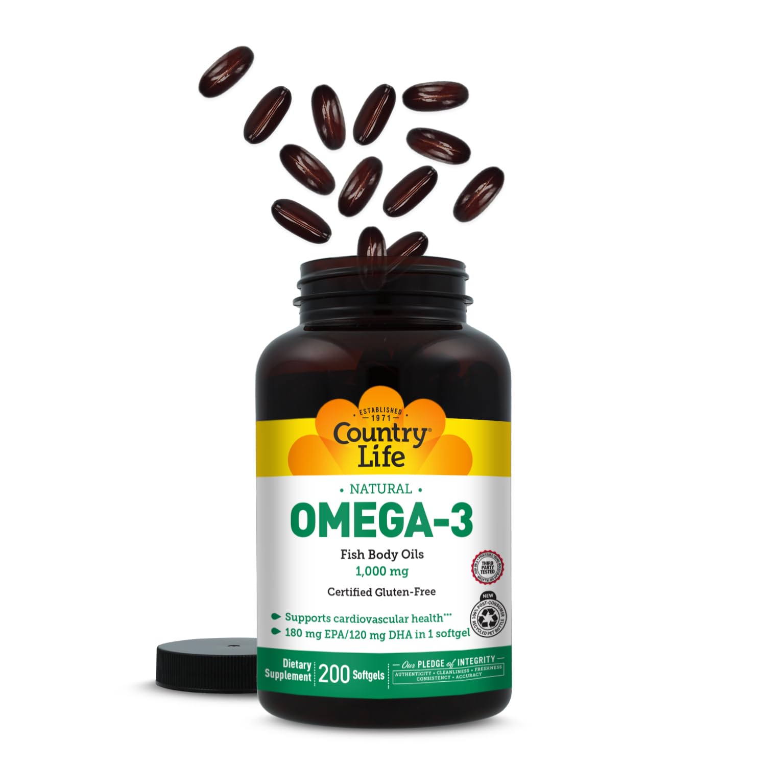Country Life Omega-3, format compact idéal pour les voyages.