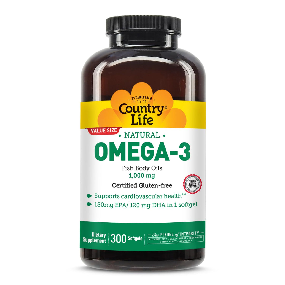 Country Life Omega-3, bouteille de gélules, facile à intégrer dans la routine quotidienne et potentiellement bénéfique.