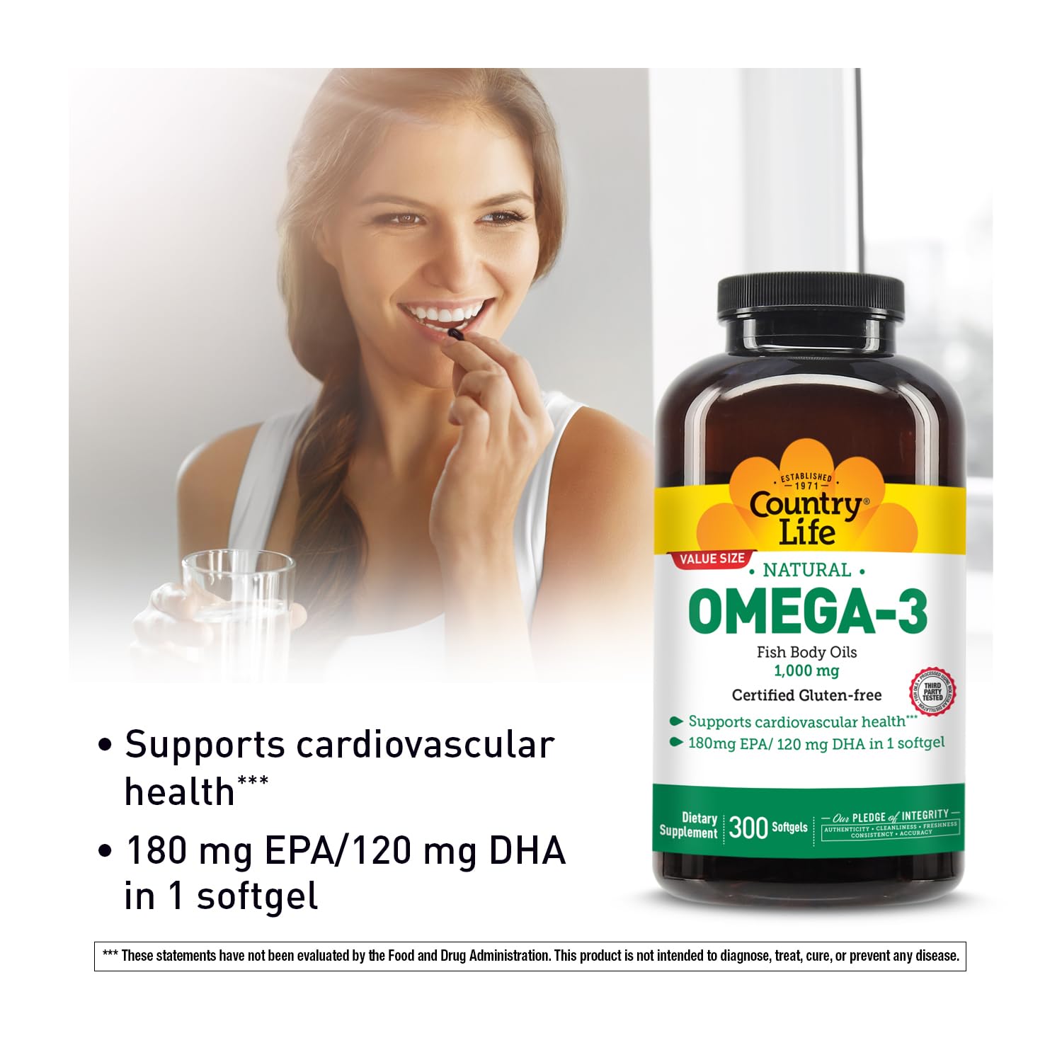 Country Life Omega-3 étiquette sans gluten, preuve d’ingrédients propres.