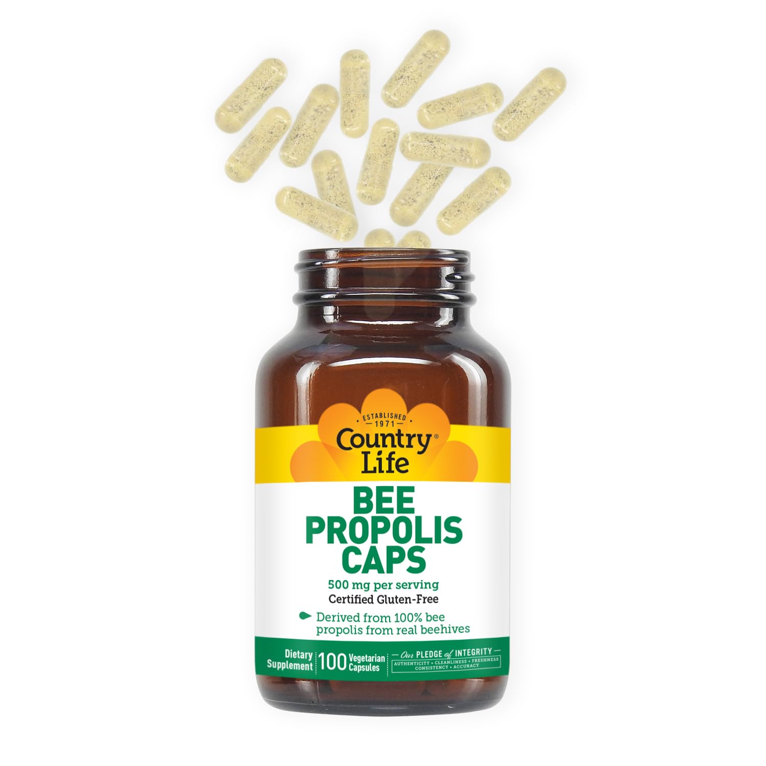 Tableau nutritionnel Country Life Propolis 500 mg avec calcium naturel par portion.