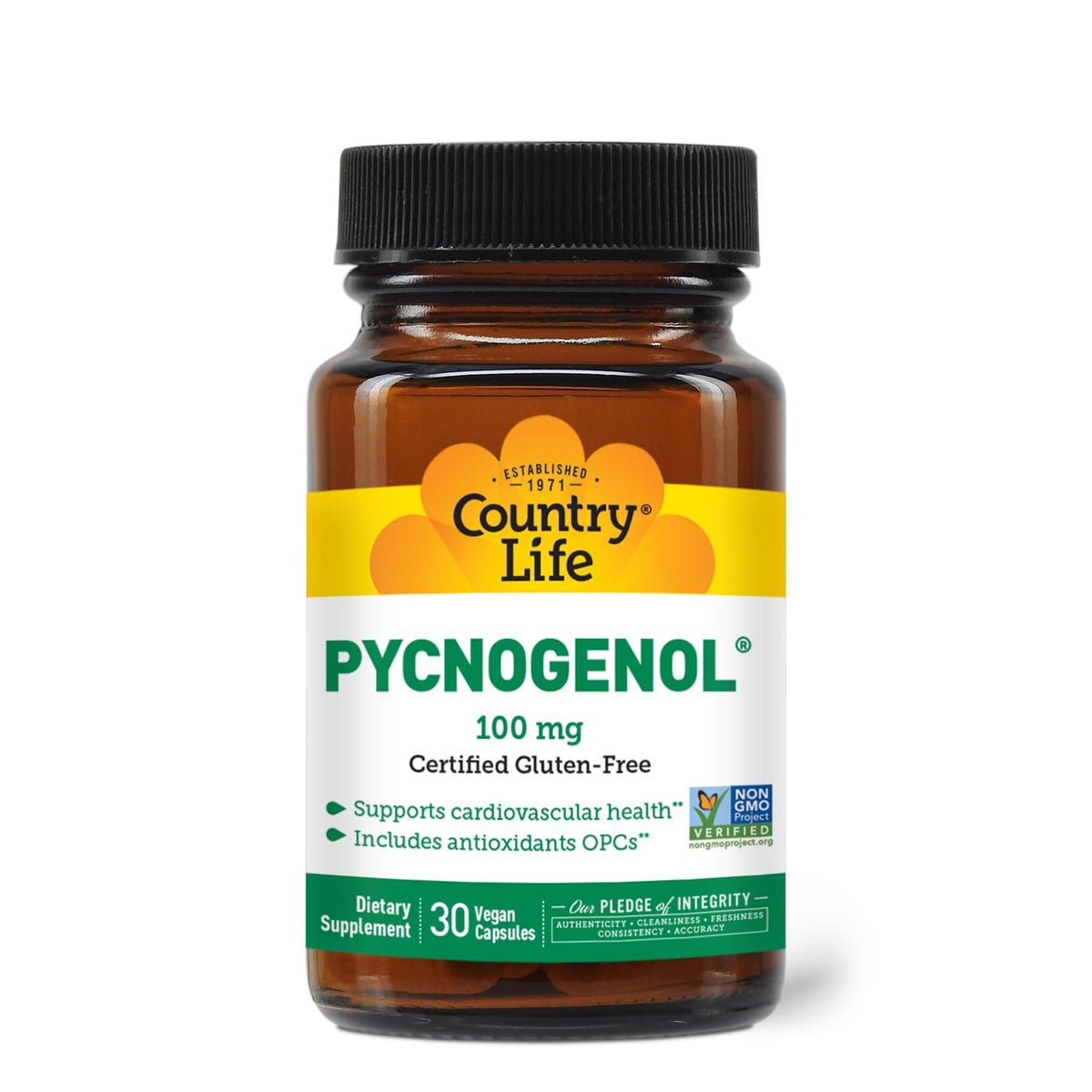Country Life Pycnogenol 100 mg : bouteille avec dosage quotidien.