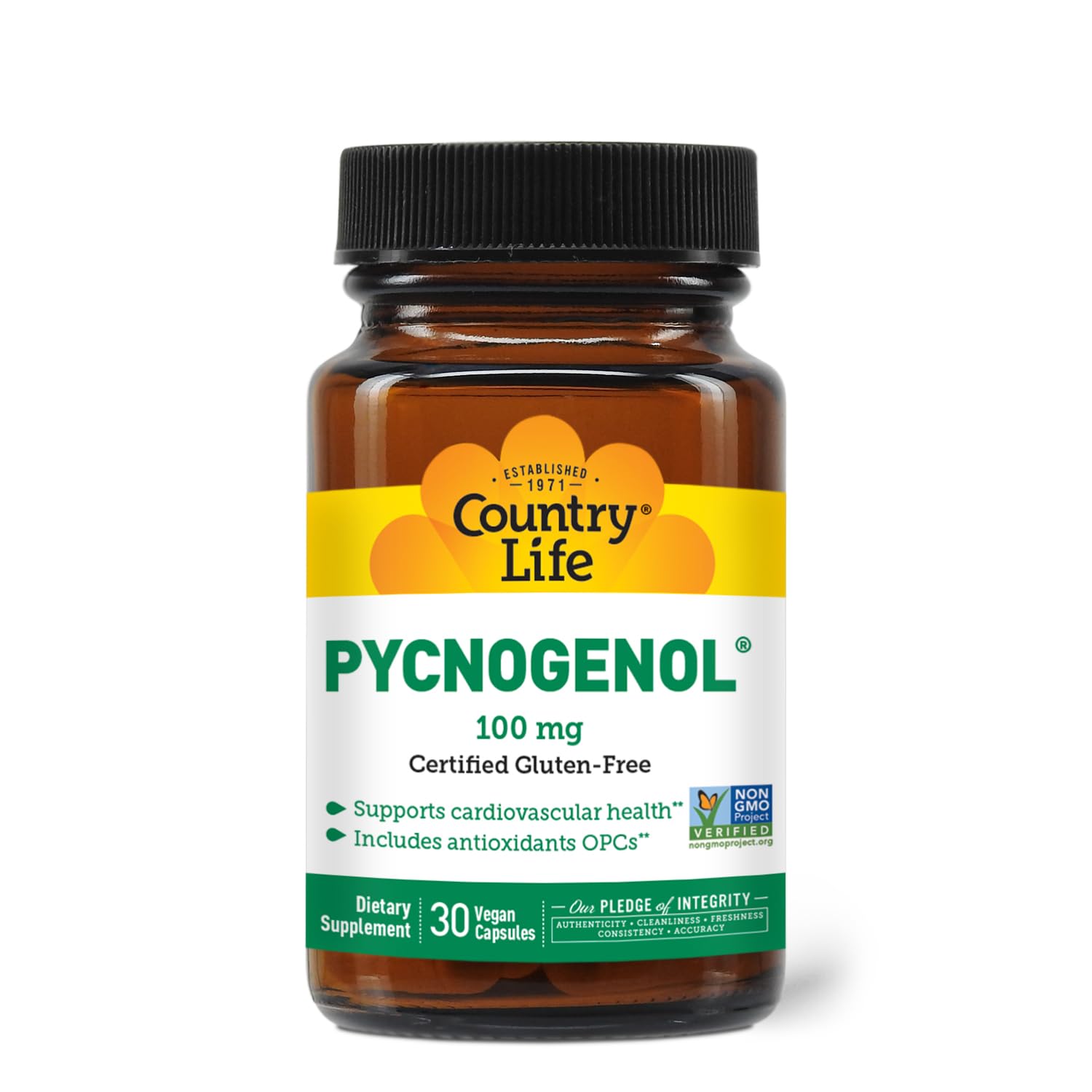 Country Life Pycnogenol 100 mg : bouteille avec dosage quotidien.