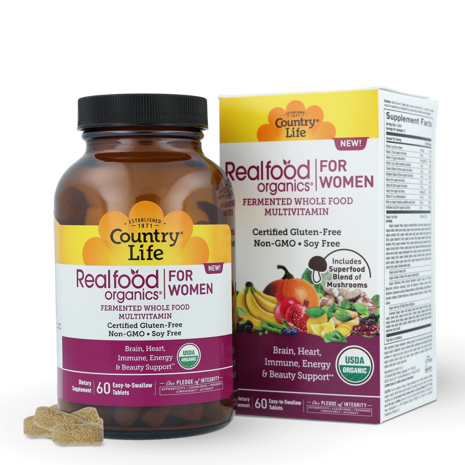Country Life Realfood Organics Vitamines Femmes: étiquette biologique et vegan, bénéfice potentiel pour énergie et bien-être.