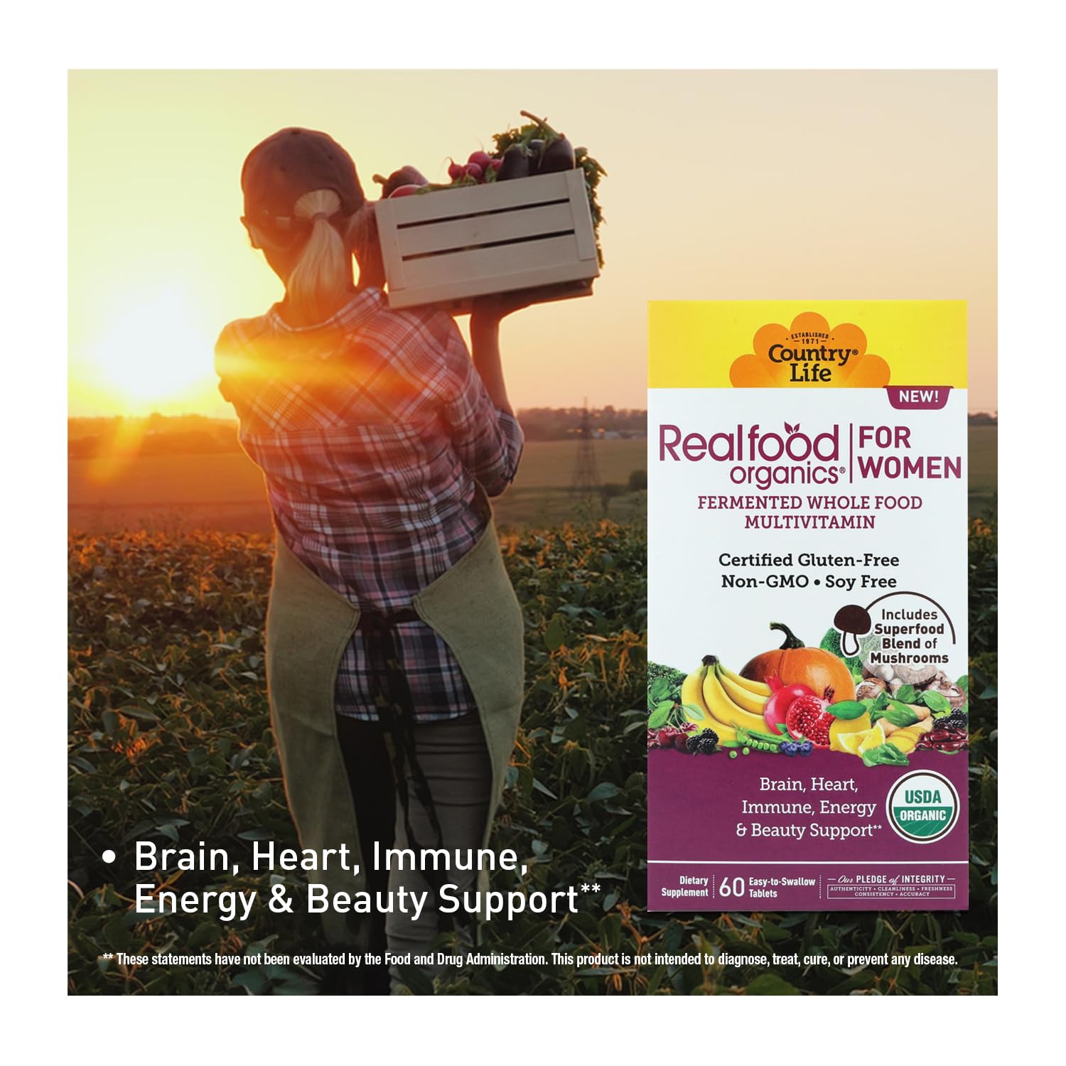Country Life Realfood Organics Vitamines Femmes: tablettes visibles dans l'emballage, prise quotidienne simple.