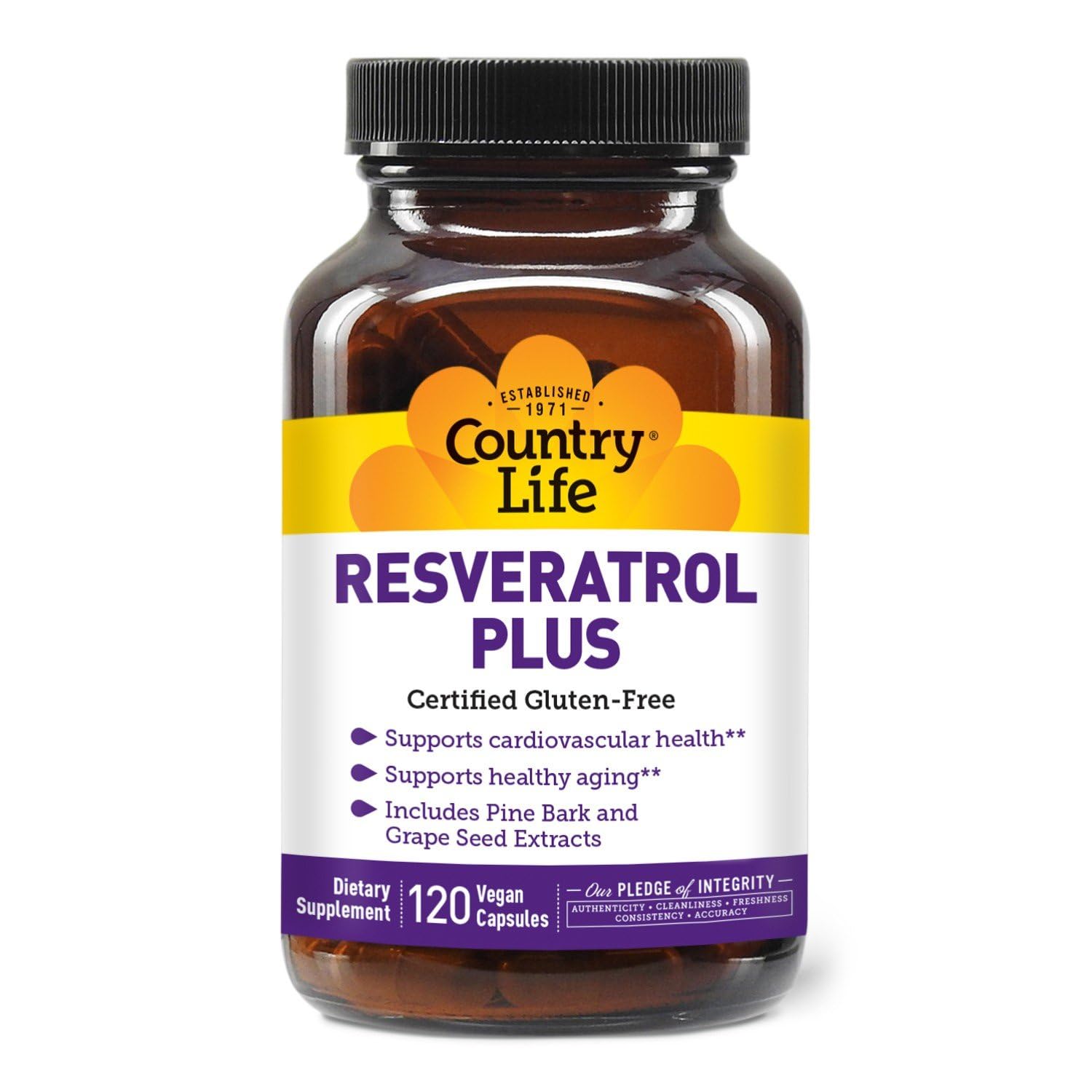 Country Life Resveratrol Plus bouteille et étiquette visibles, soutien antioxydant quotidien.