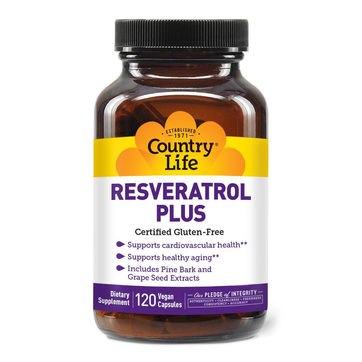 Country Life Resveratrol Plus bouteille et étiquette visibles, soutien antioxydant quotidien.