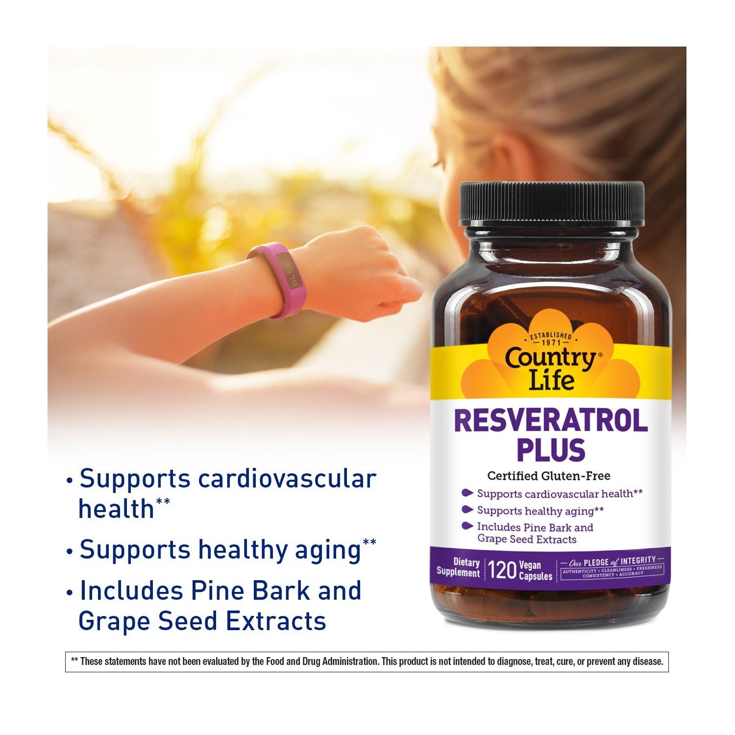 Country Life Resveratrol Plus étiquette claire montrant les ingrédients authentiques.